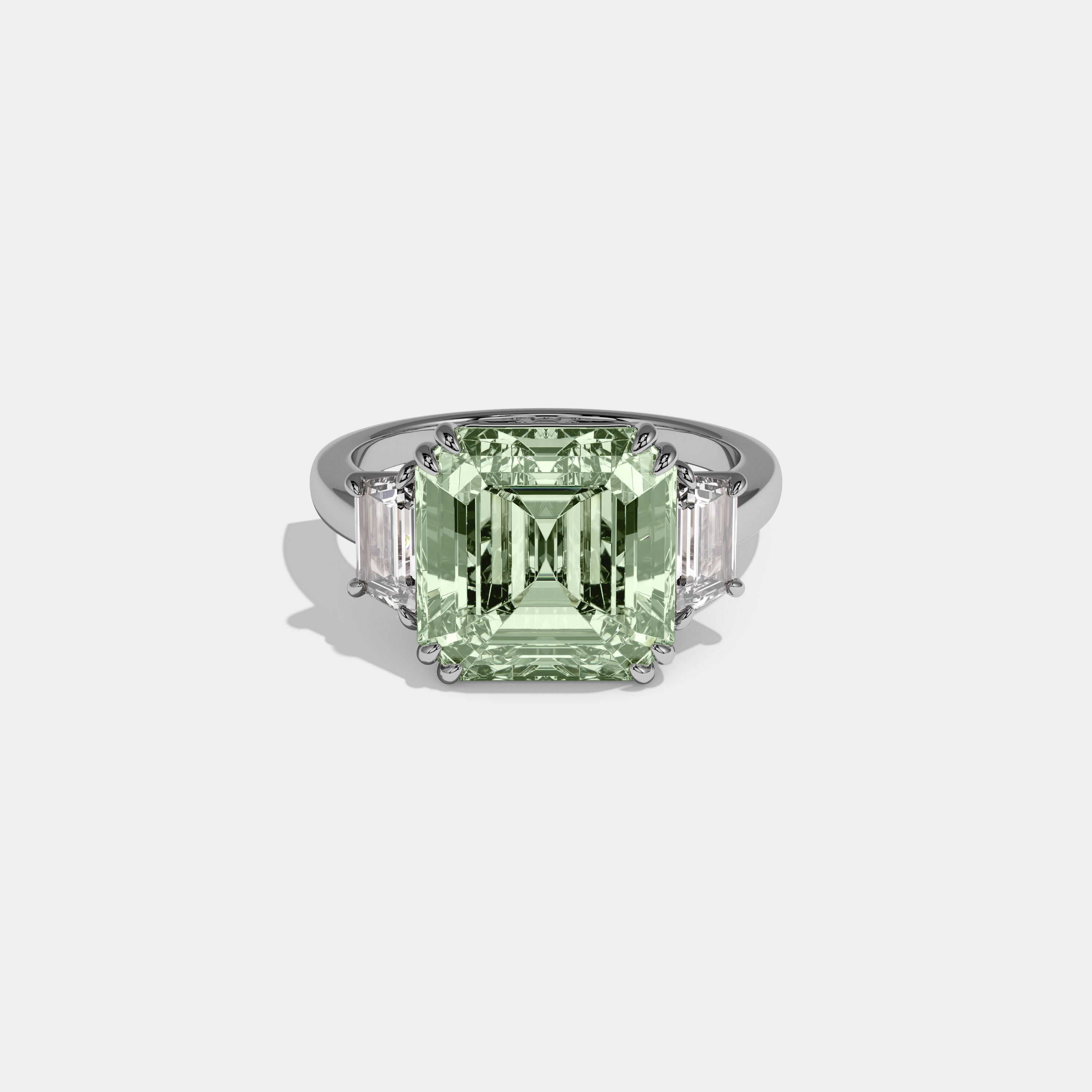 Alice Fancy Light Green Asscher Cut Diamond Plain Band With Step Cut Sides Engagement Ring 8ct 18K White Gold