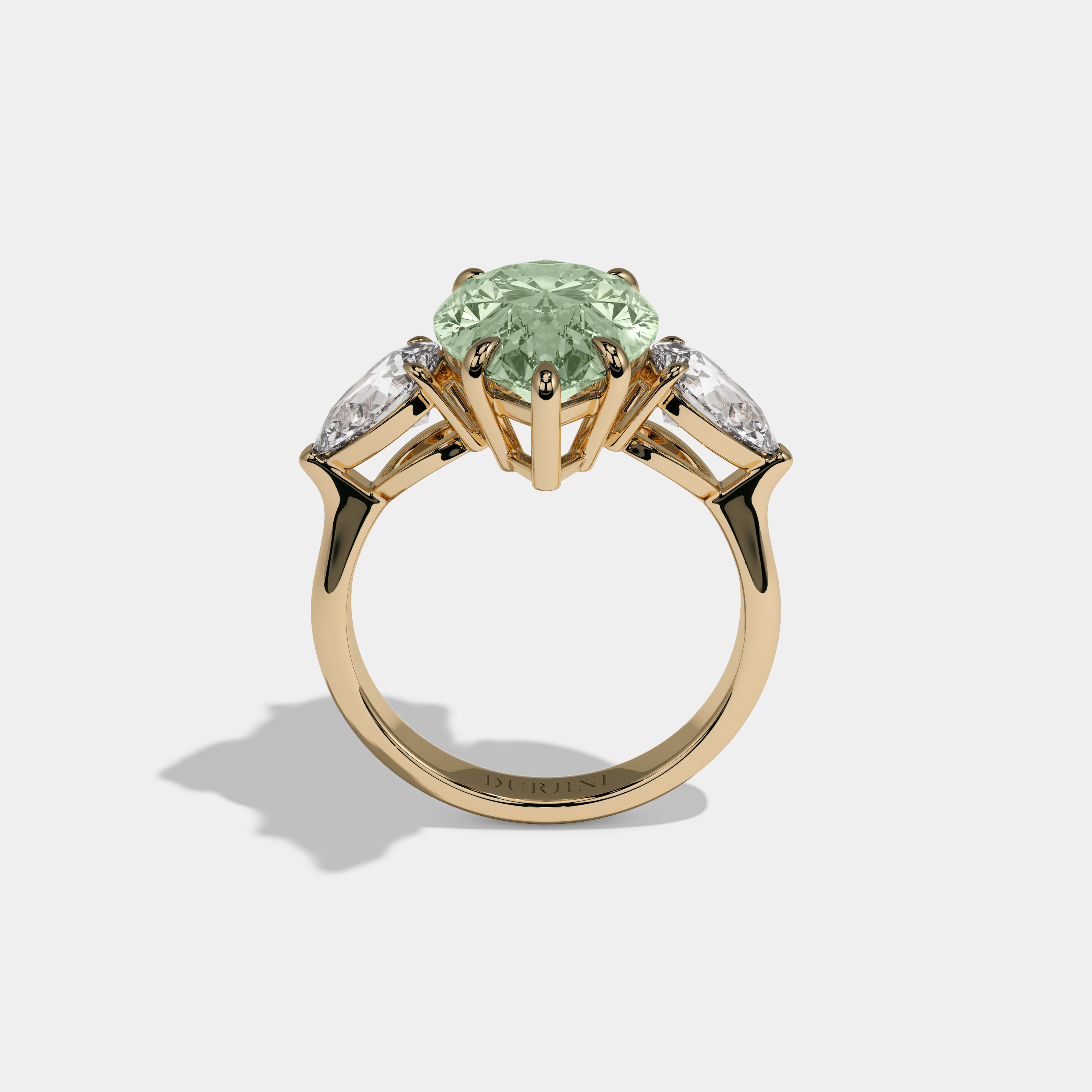 Helena Fancy Light Green Pear Cut Diamond Plain Band With Pear Cut Sides Engagement Ring 8ct 18k Yellow Gold