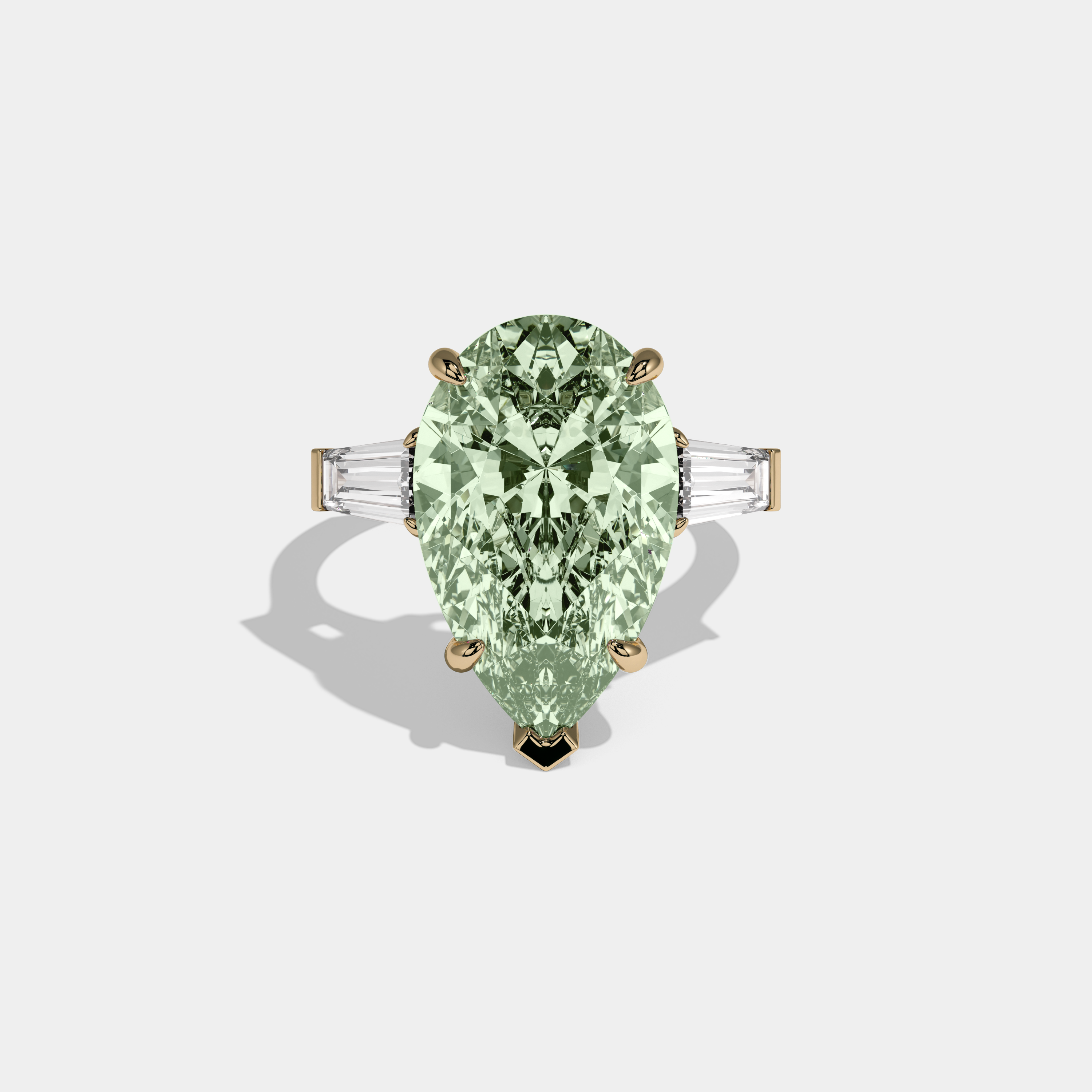 Helena Fancy Light Green Pear Cut Diamond Plain Band With Baguette Cut Sides Engagement Ring 8ct 18k Yellow Gold
