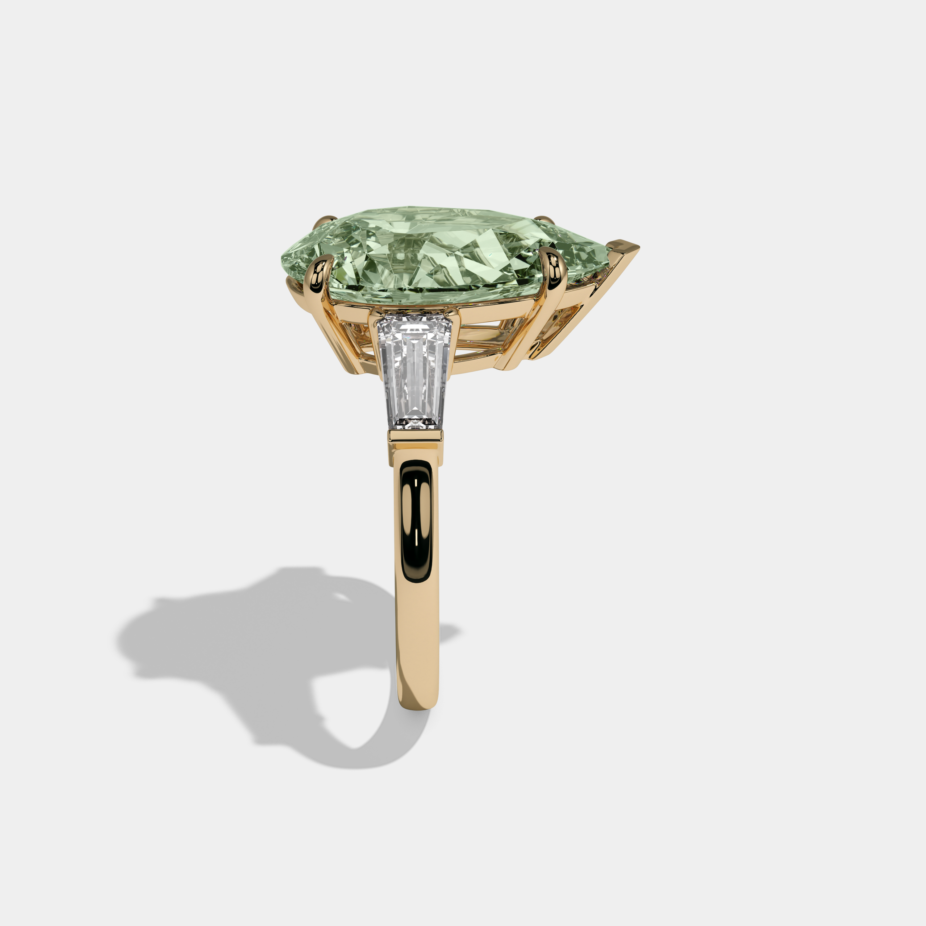 Helena Fancy Light Green Pear Cut Diamond Plain Band With Baguette Cut Sides Engagement Ring 8ct 18k Yellow Gold