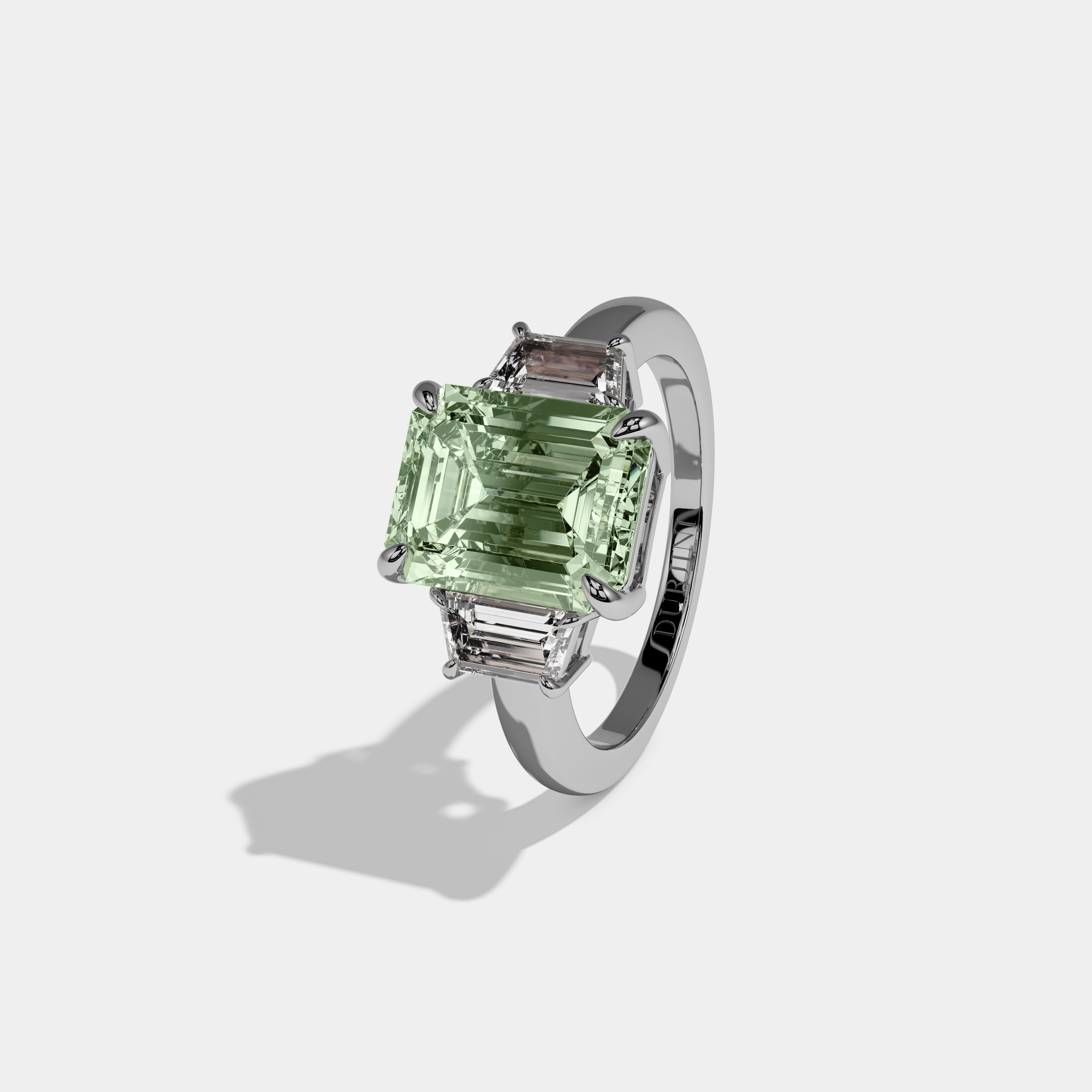 Beatrice Fancy Light Green Emerald Cut Diamond Plain Band With Step Cut Sides Engagement Ring 8ct 18k White Gold