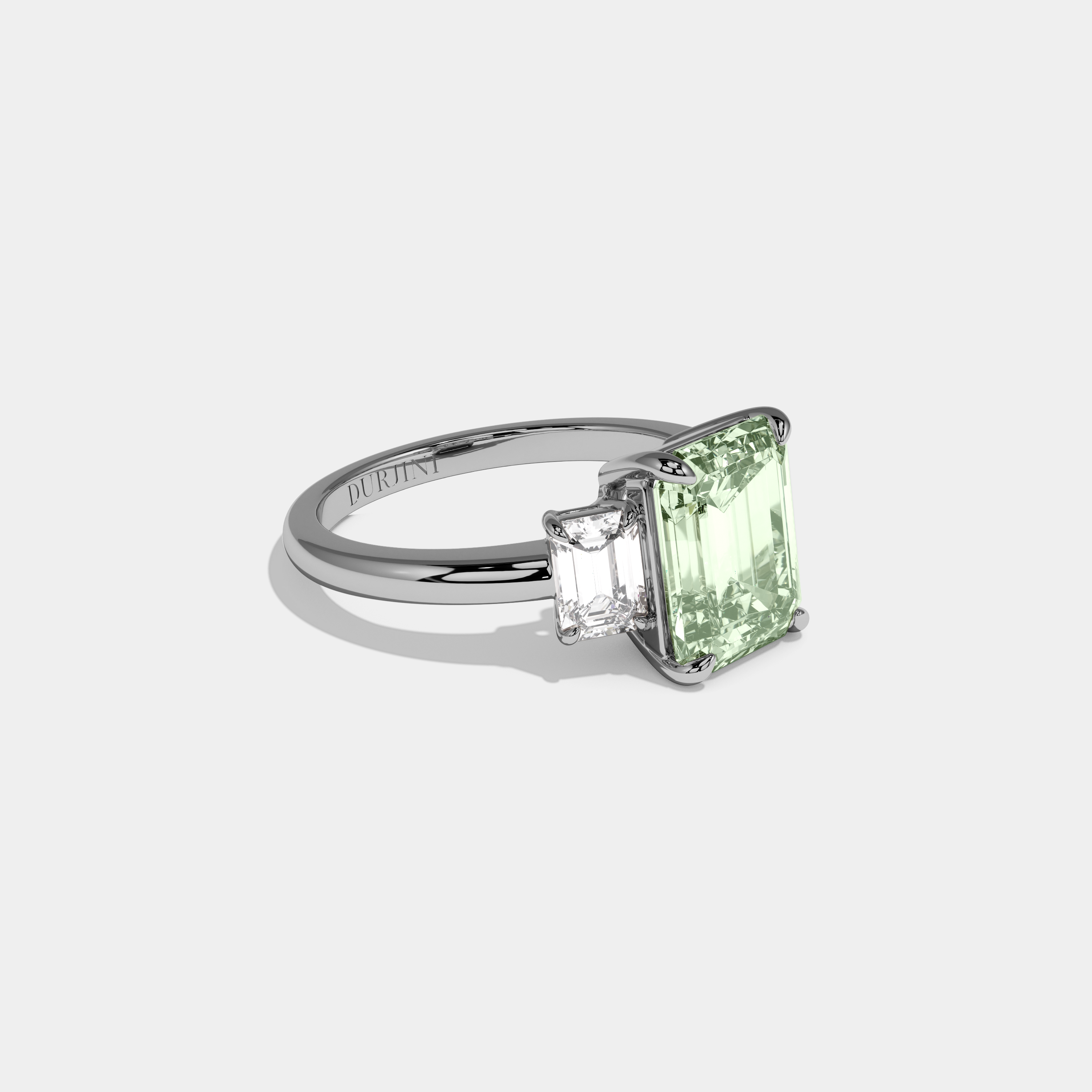 Beatrice Fancy Light Green Emerald Cut Diamond Plain Band With Emerald Cut Sides Engagement Ring 8ct 18k White Gold