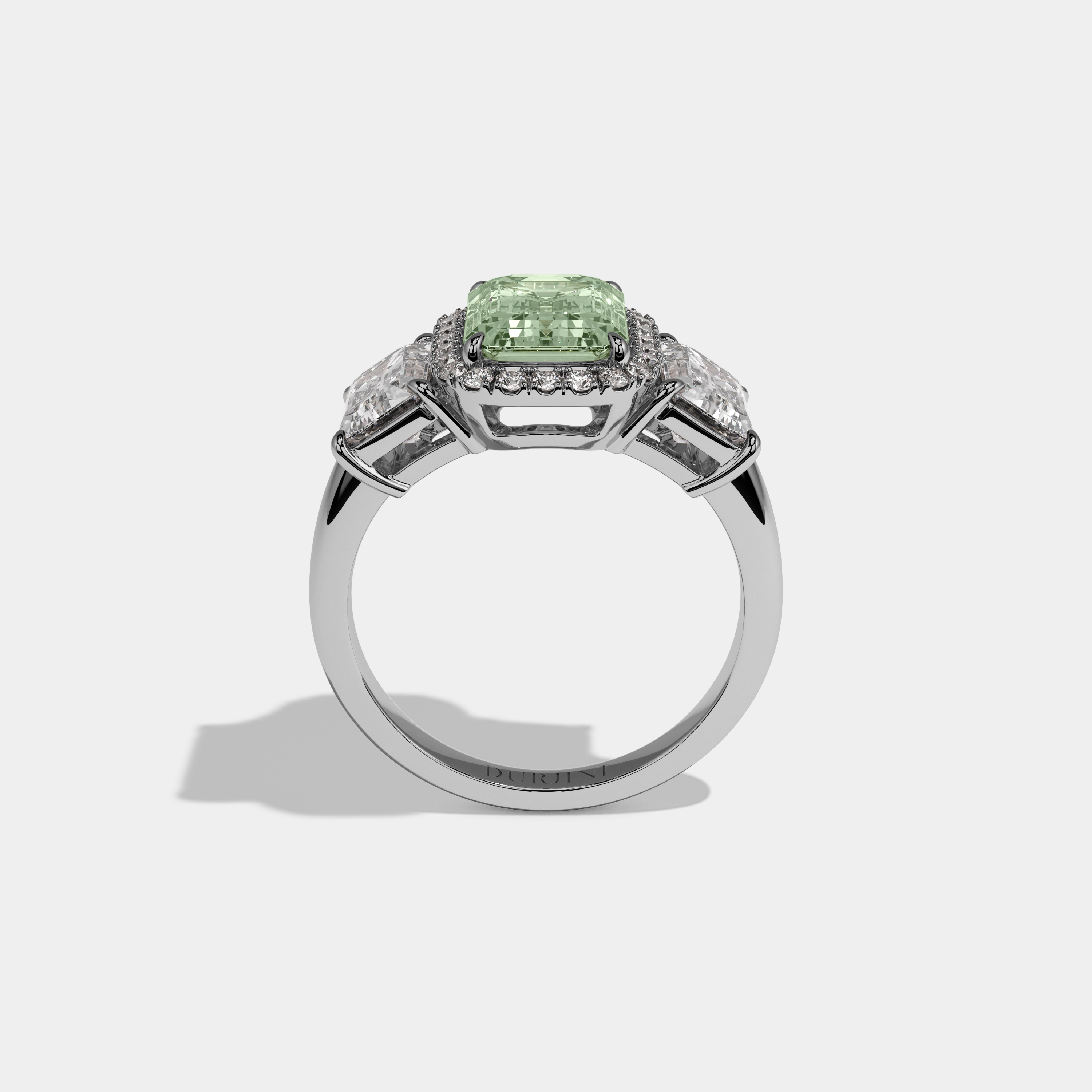 Eleanor Fancy Light Green Emerald Cut Diamond Plain Band With Emerald Cut Sides Engagement Ring 8ct 18K White Gold