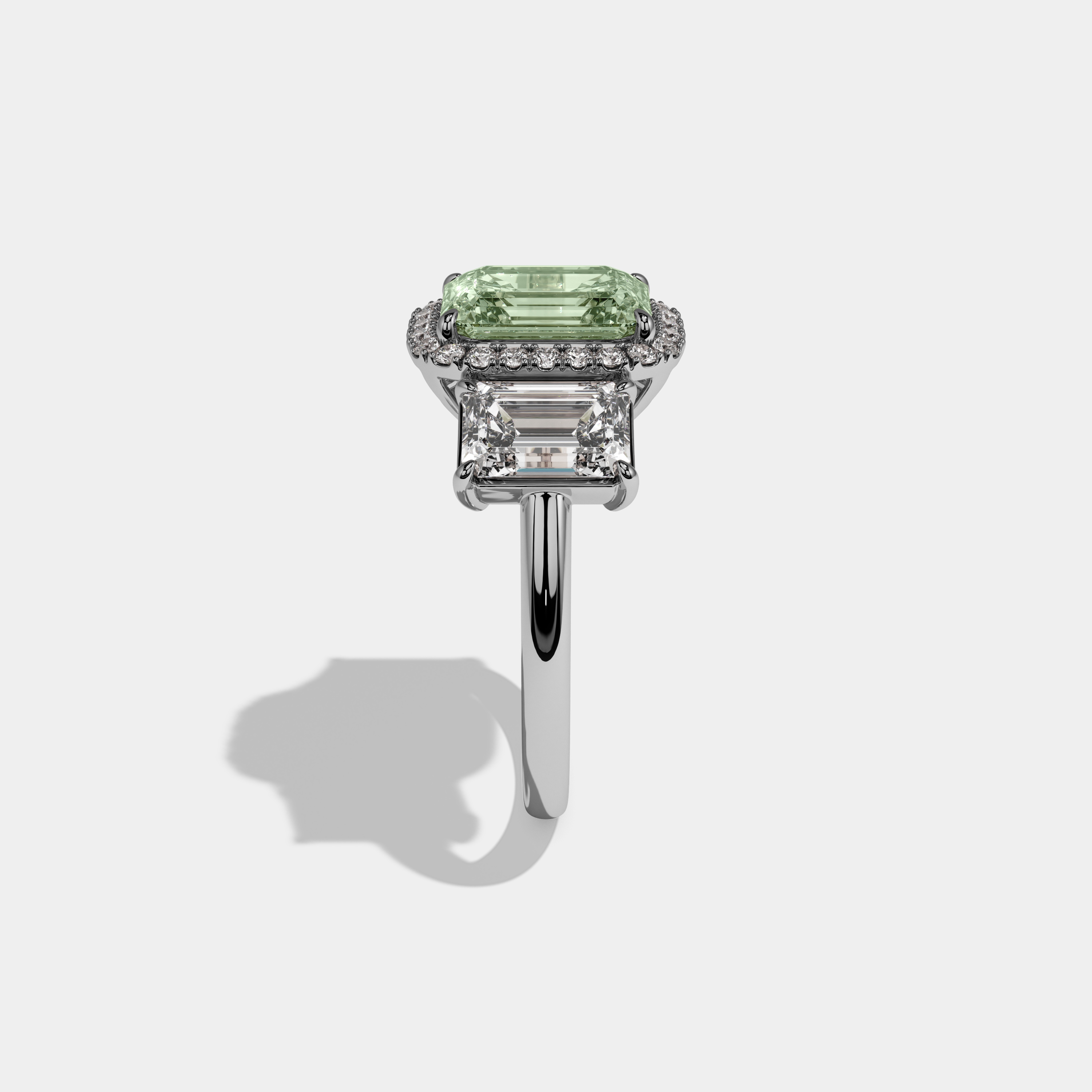 Eleanor Fancy Light Green Emerald Cut Diamond Plain Band With Emerald Cut Sides Engagement Ring 8ct 18K White Gold