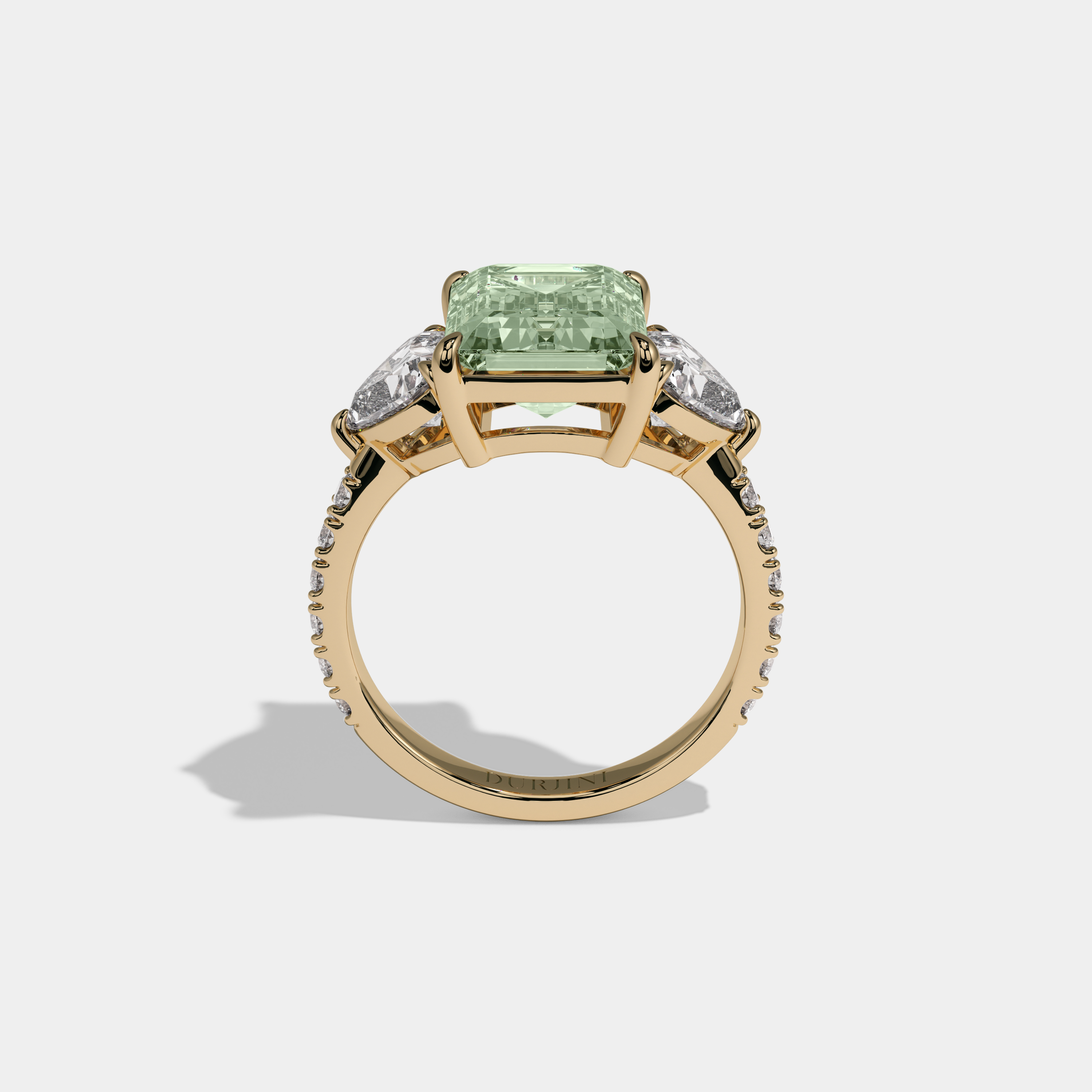 Adelaide Fancy Light Green Emerald Cut Diamond Band With Heart Cut Sides Engagement Ring 8ct 18K Yellow Gold