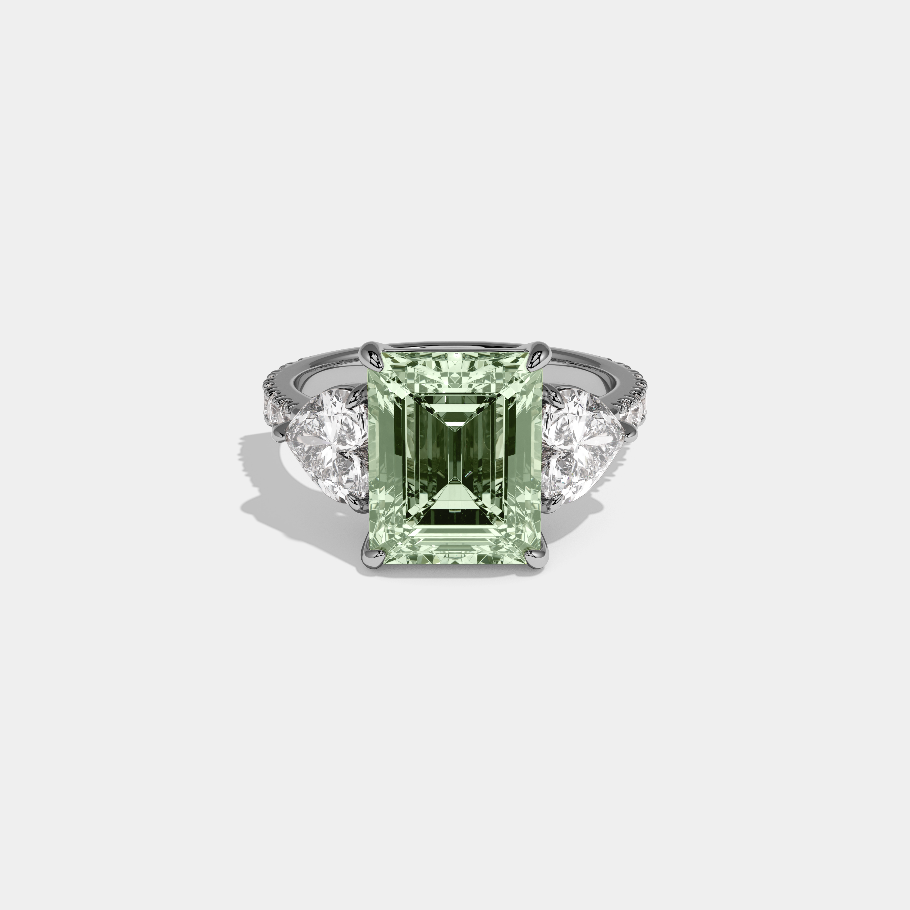 Alice Fancy Light Green Emerald Cut Diamond Band With Heart Cut Sides Engagement Ring 8ct 18K White Gold
