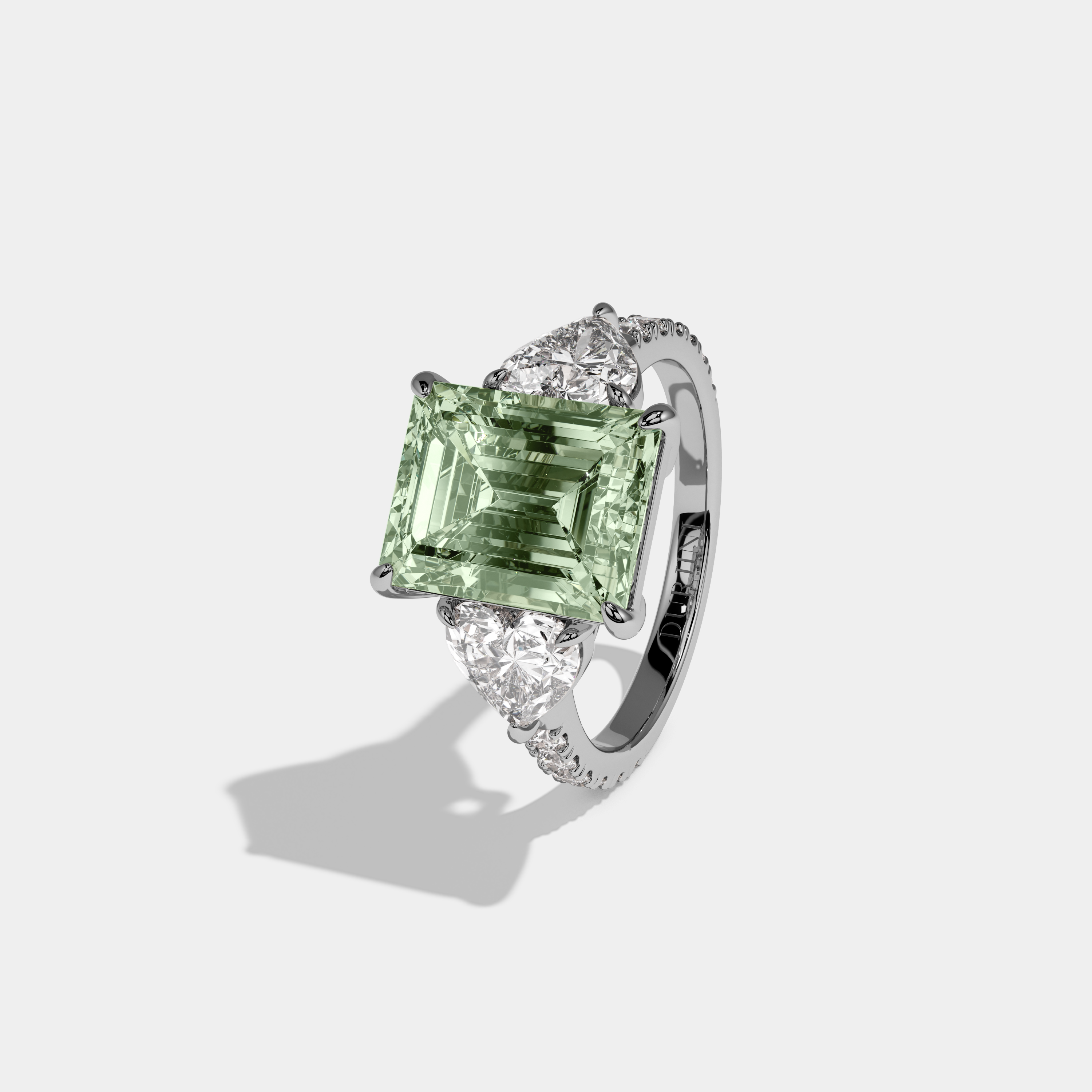 Alice Fancy Light Green Emerald Cut Diamond Band With Heart Cut Sides Engagement Ring 8ct 18K White Gold