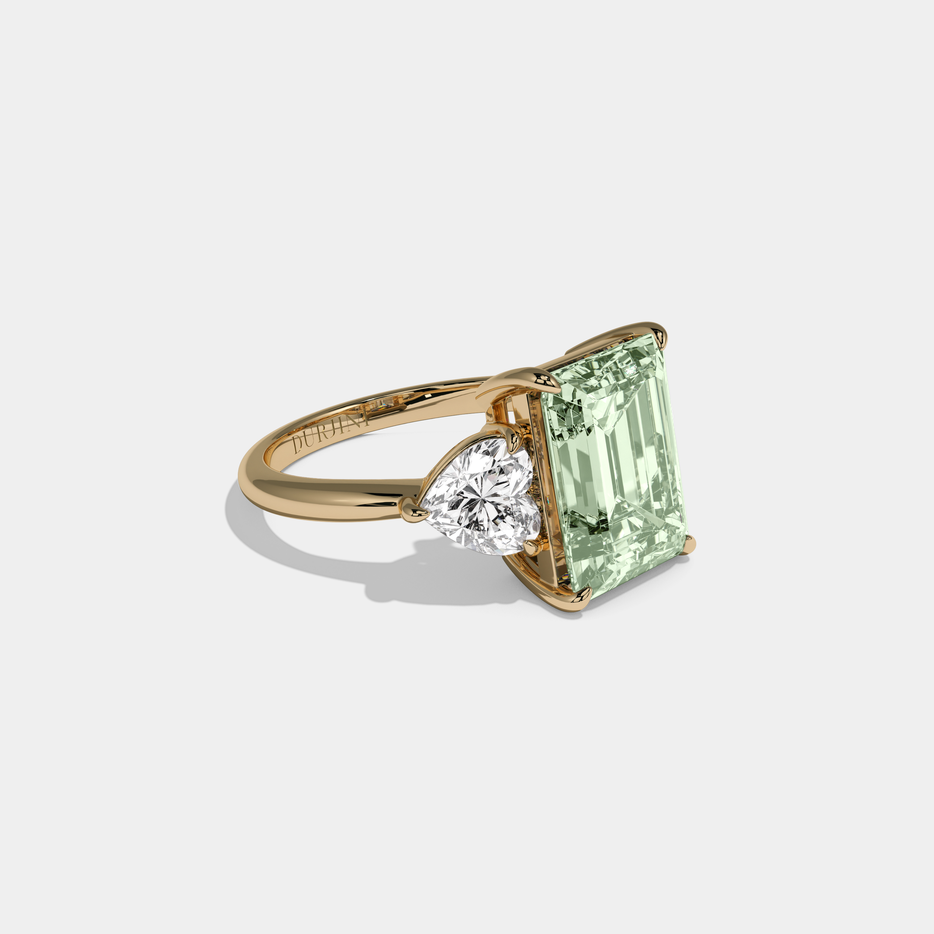 Adelaide Fancy Light Green Emerald Cut Diamond Plain Band With Heart Cut Sides Engagement Ring 8ct 18K Yellow Gold
