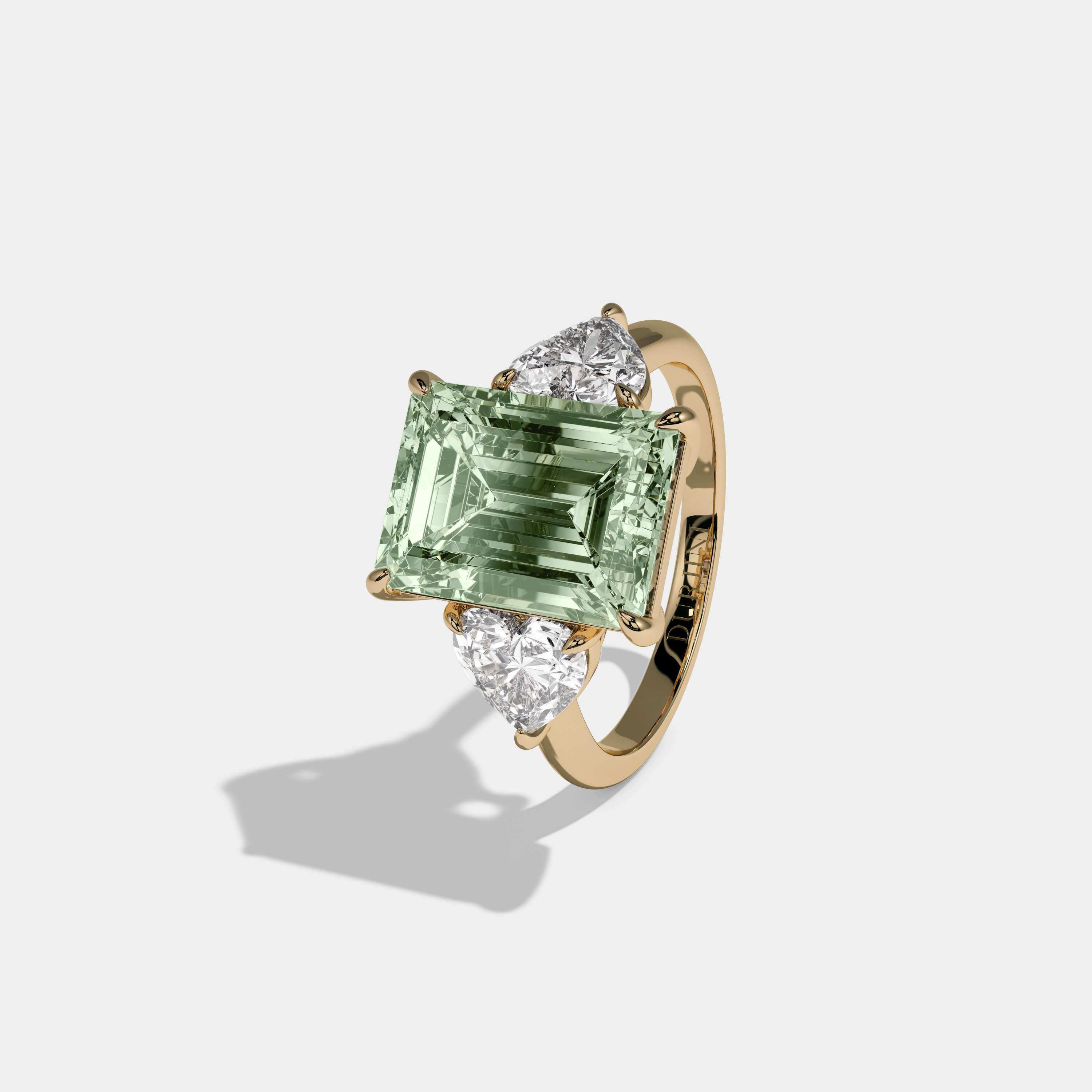 Adelaide Fancy Light Green Emerald Cut Diamond Plain Band With Heart Cut Sides Engagement Ring 8ct 18K Yellow Gold