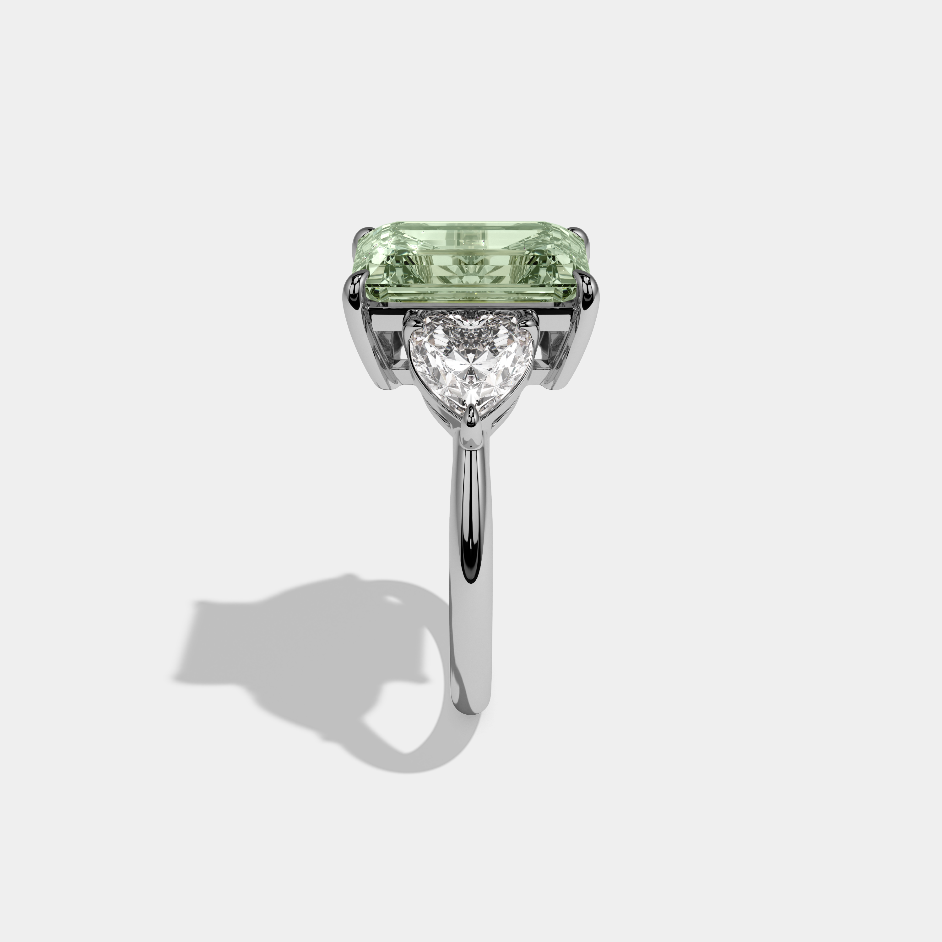 Alice Fancy Light Green Emerald Cut Diamond Plain Band With Heart Cut Sides Engagement Ring 8ct 18K White Gold