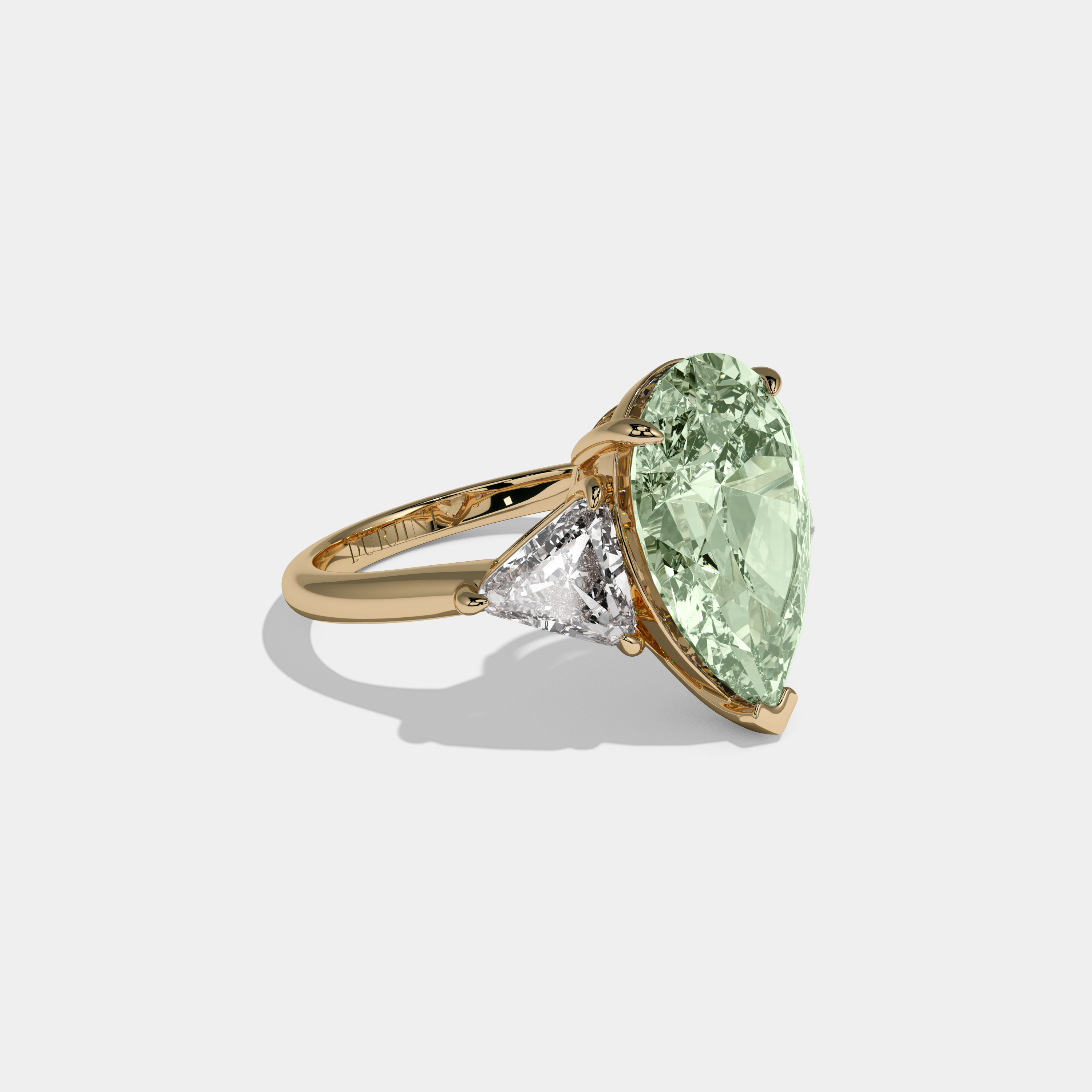 Alice Fancy Light Green Pear Cut Diamond Plain Band With Triangle Cut Sides Engagement Ring 8ct 18K Yellow Gold