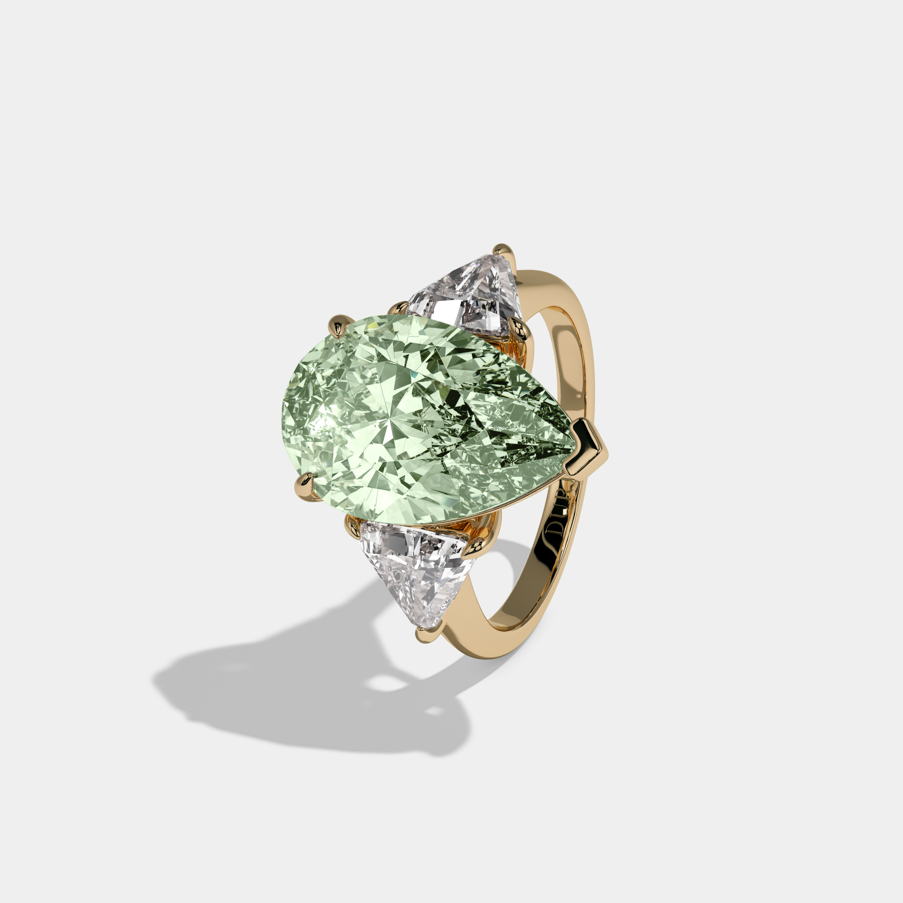 Alice Fancy Light Green Pear Cut Diamond Plain Band With Triangle Cut Sides Engagement Ring 8ct 18K Yellow Gold
