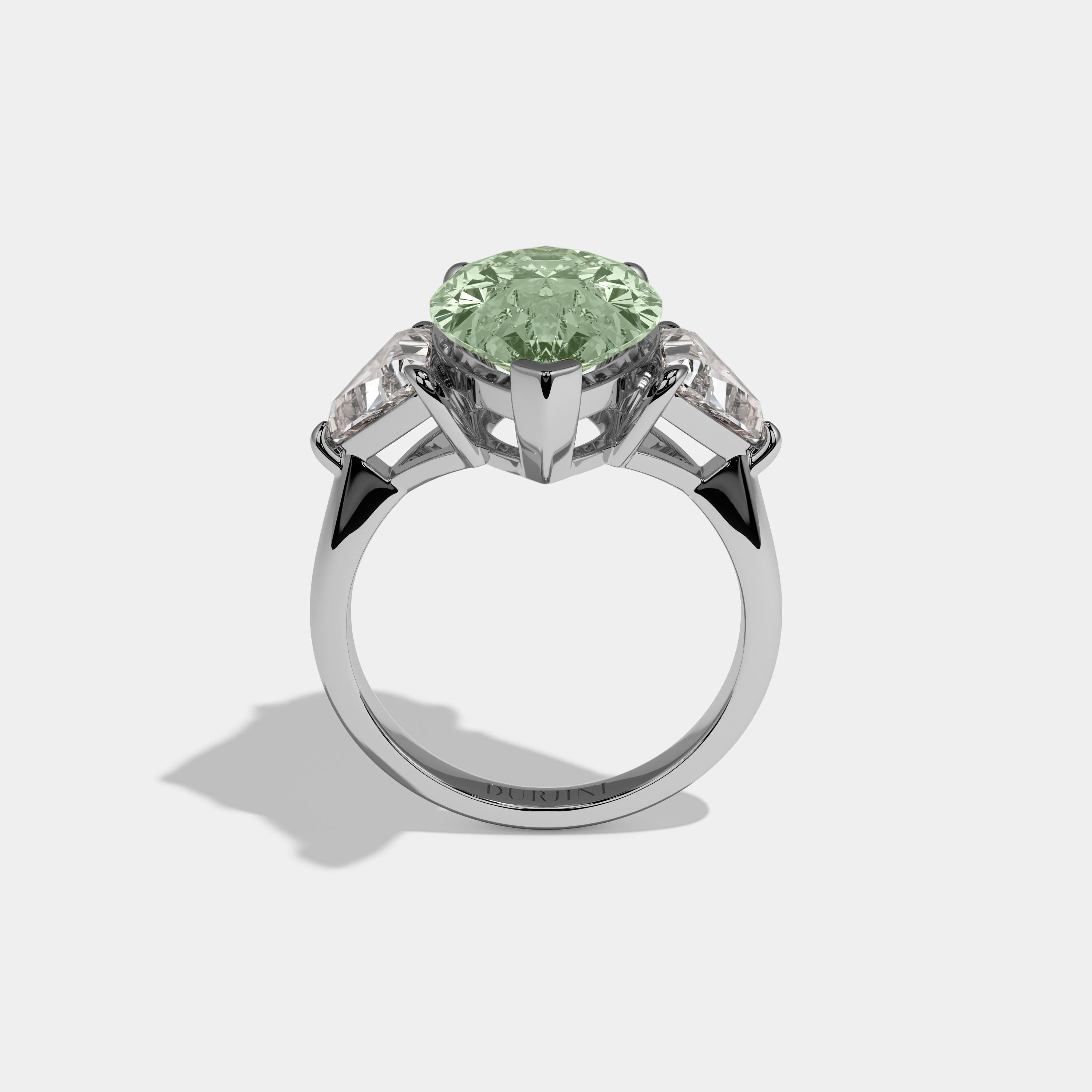 Eleanor Fancy Light Green Pear Cut Diamond Plain Band With Triangle Cut Sides Engagement Ring 8ct 18K White Gold