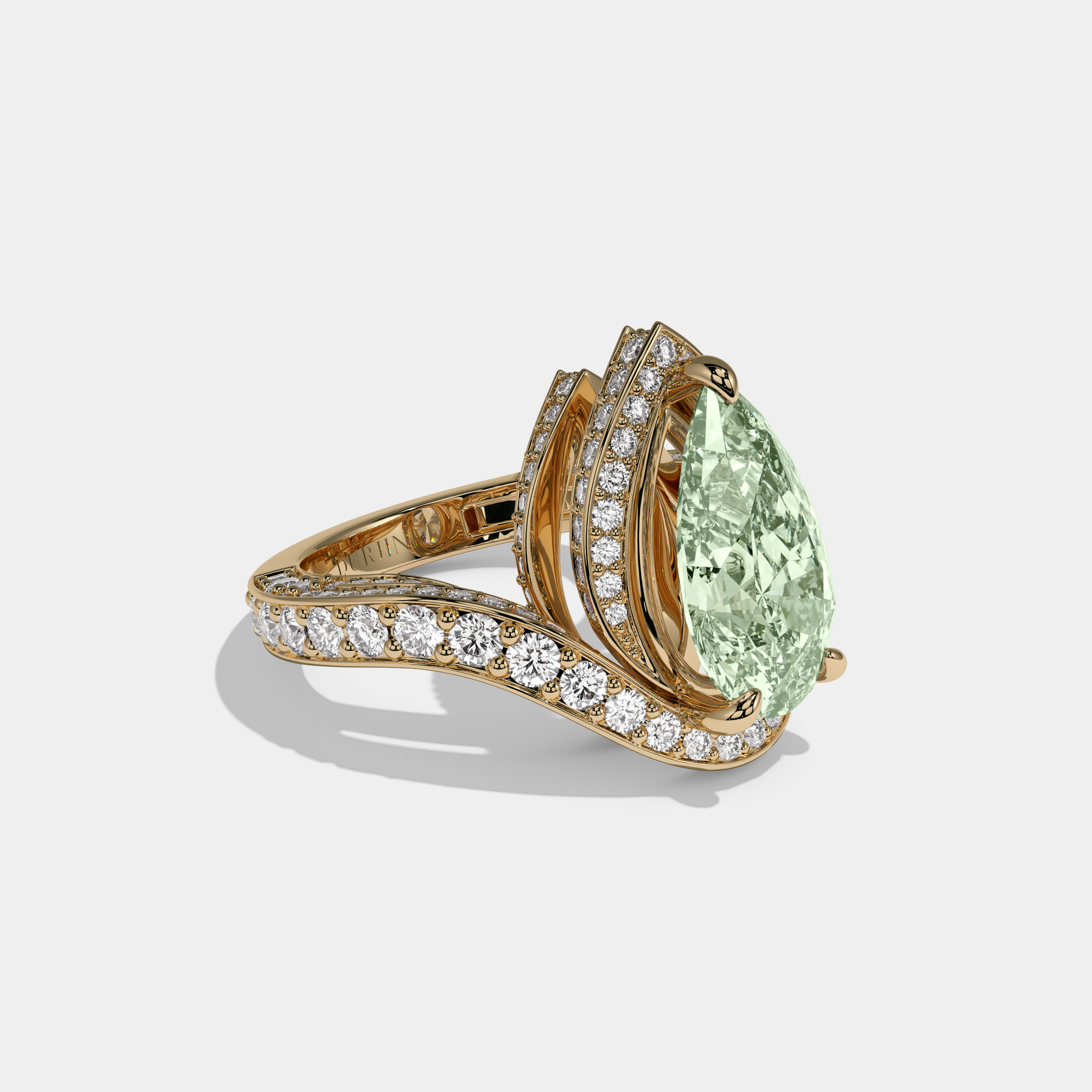 Adelaide Fancy Light Green Pear Cut Diamond Band Engagement Ring 8ct 18K Yellow Gold