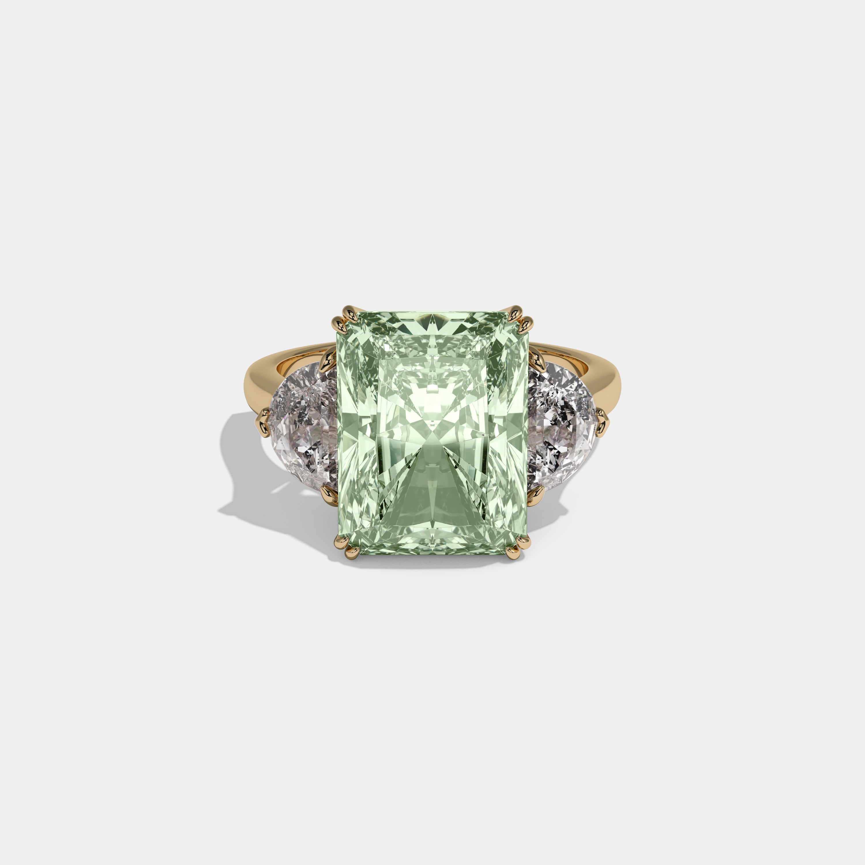 Adelaide Fancy Light Green Radiant Cut Diamond Plain Band With Half Moon Sides Engagement Ring 8ct 18K Yellow Gold
