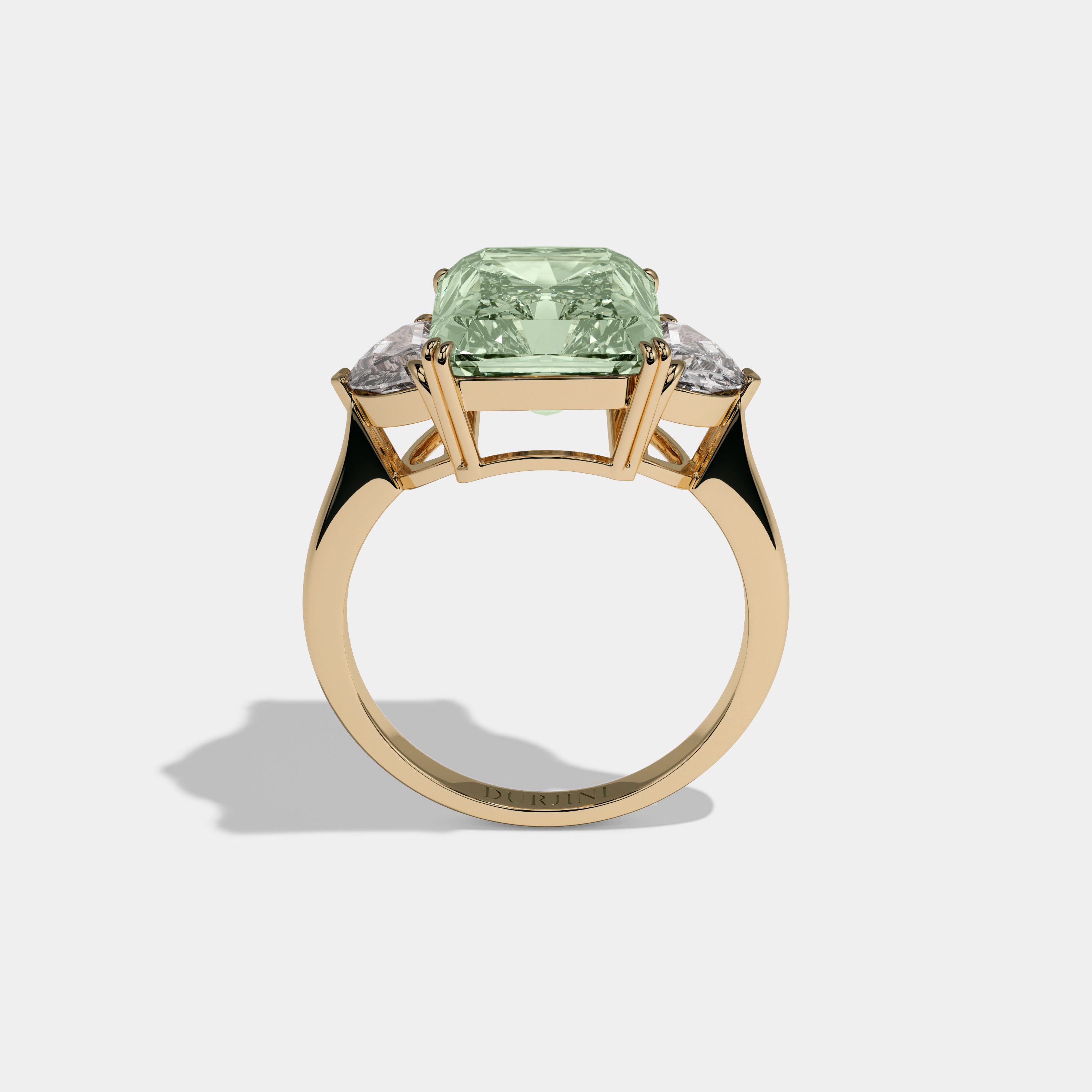Adelaide Fancy Light Green Radiant Cut Diamond Plain Band With Half Moon Sides Engagement Ring 8ct 18K Yellow Gold