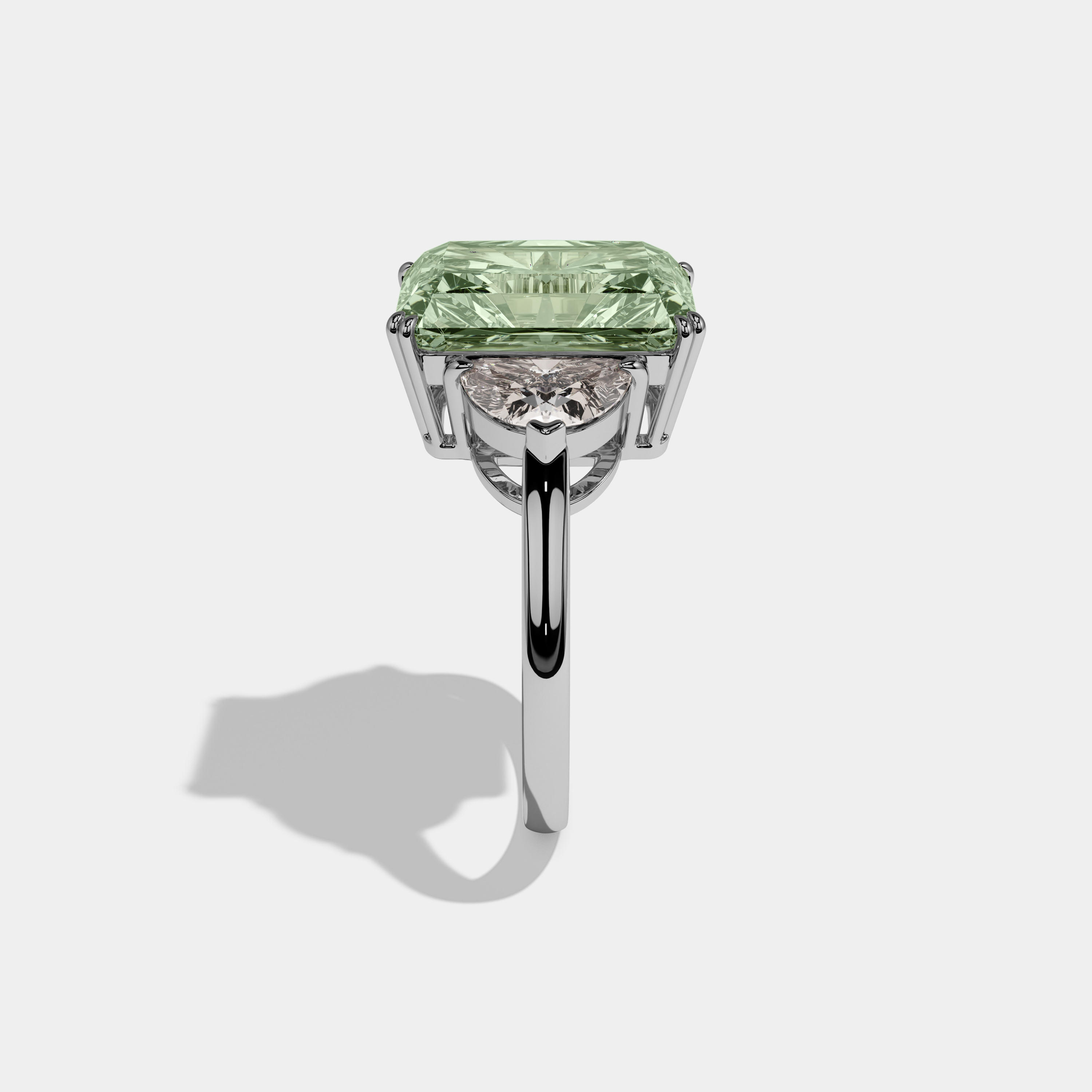 Alice Fancy Light Green Radiant Cut Diamond Plain Band With Half Moon Sides Engagement Ring 8ct 18K White Gold