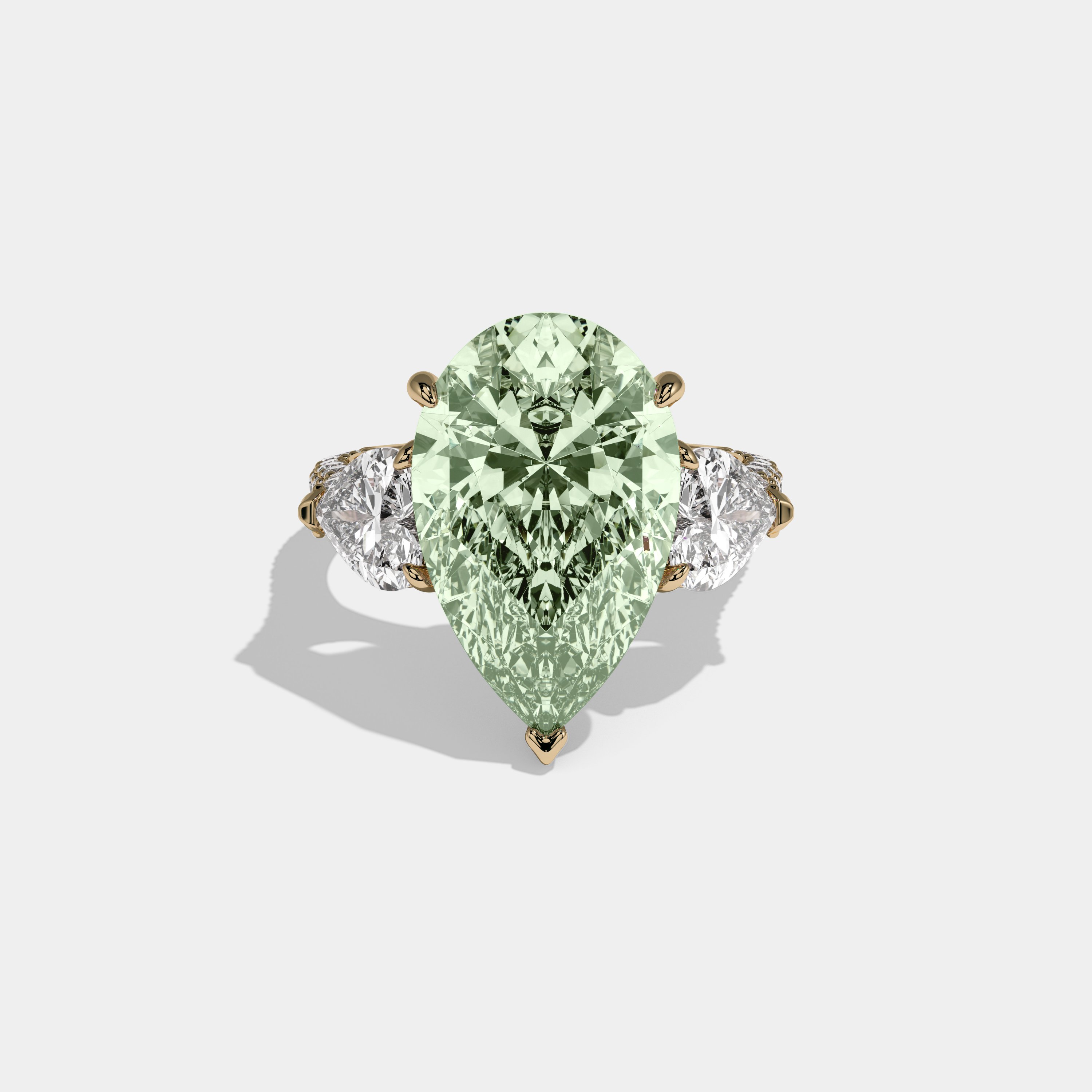 Margaret Fancy Light Green Pear Cut Diamond Band With Heart Cut Sides Engagement Ring 9ct 18K Yellow Gold