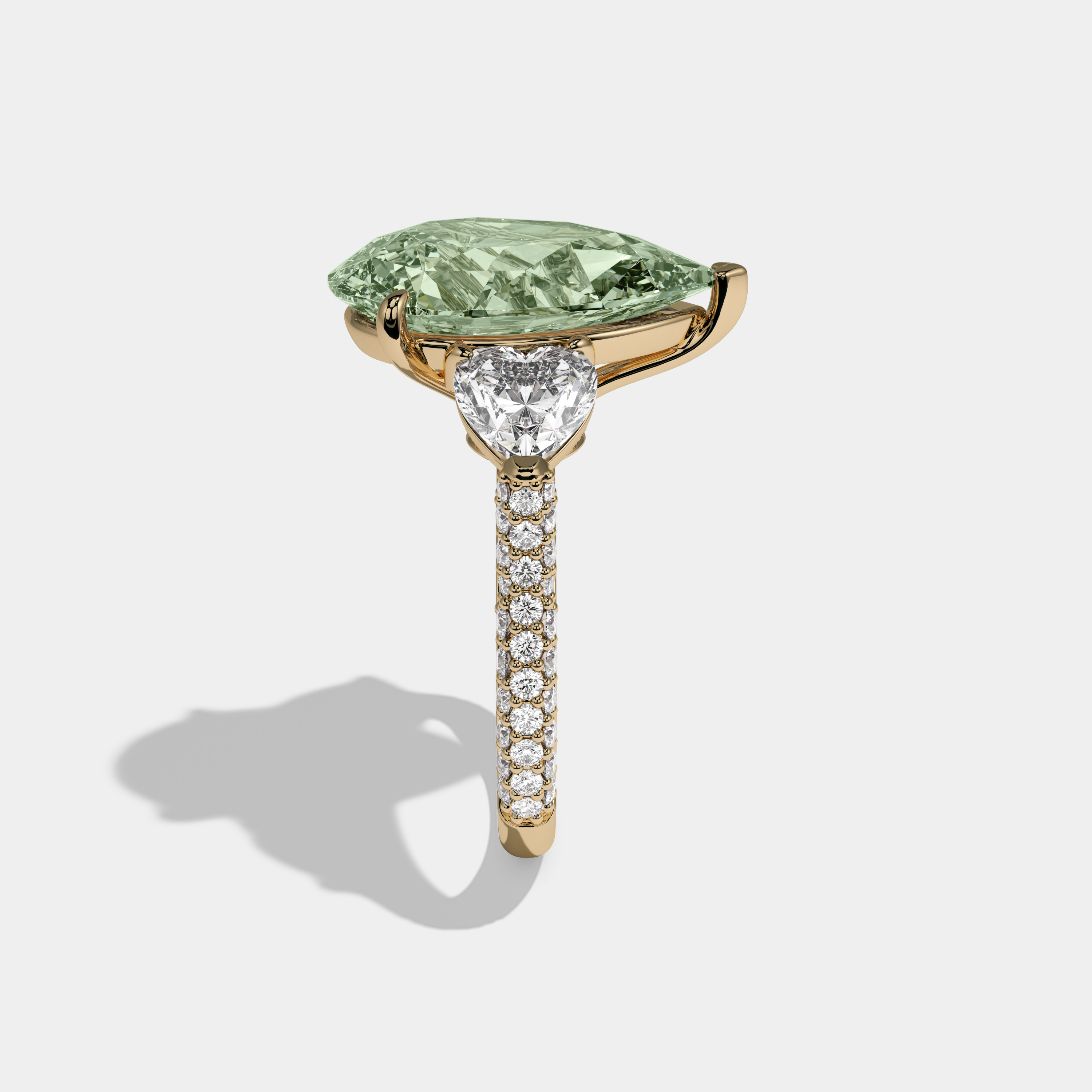 Margaret Fancy Light Green Pear Cut Diamond Band With Heart Cut Sides Engagement Ring 9ct 18K Yellow Gold