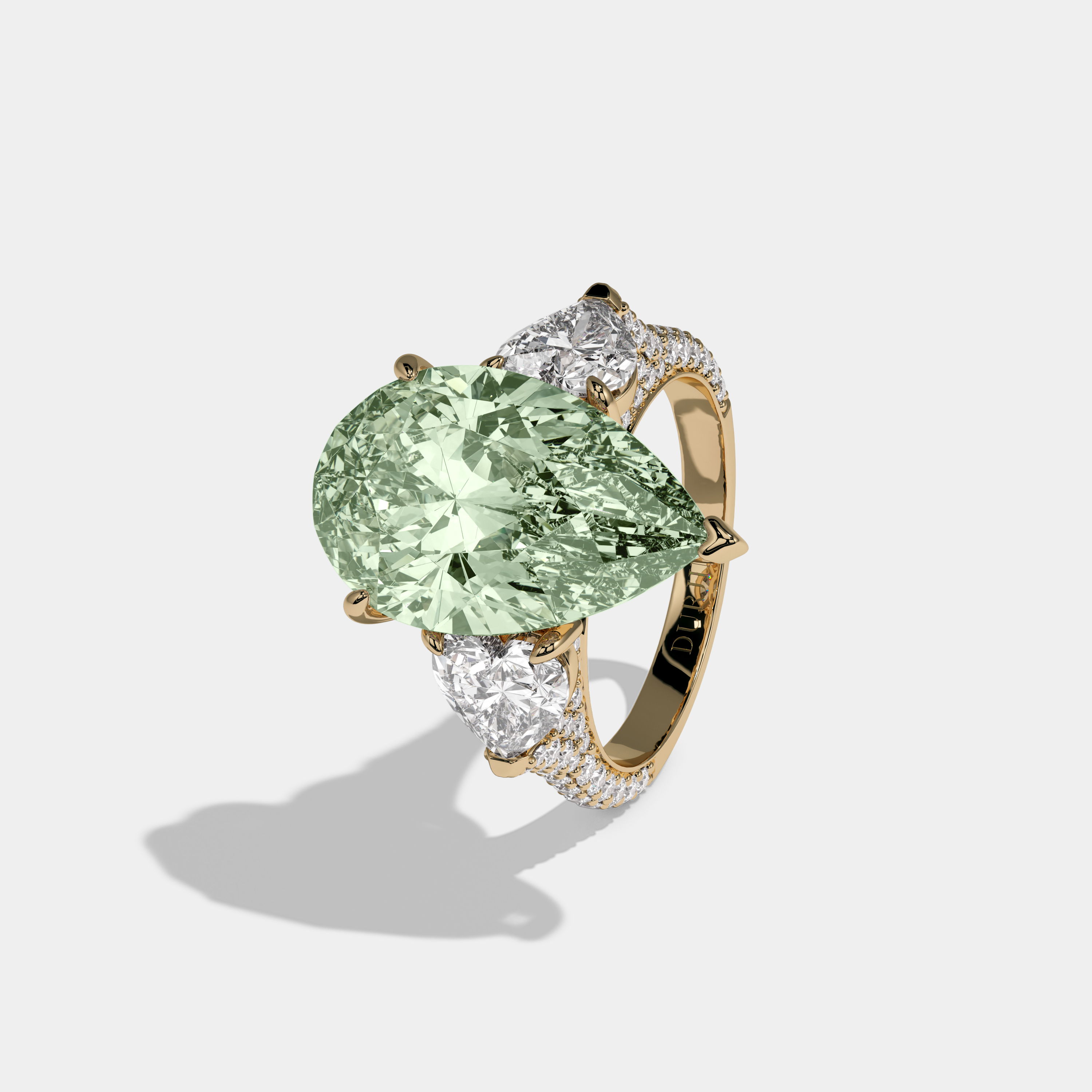 Margaret Fancy Light Green Pear Cut Diamond Band With Heart Cut Sides Engagement Ring 9ct 18K Yellow Gold