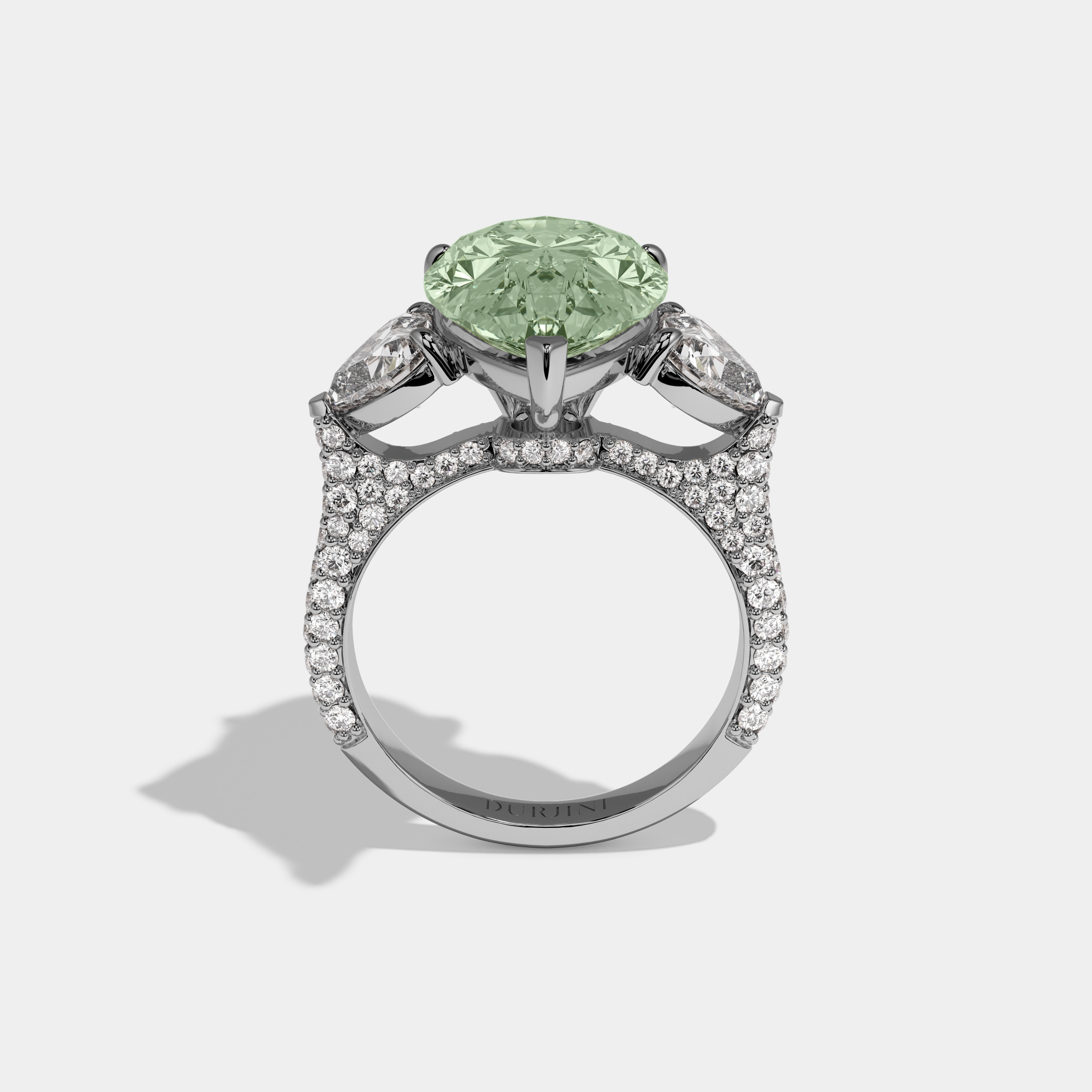 Matilda Fancy Light Green Pear Cut Diamond Band With Heart Cut Sides Engagement Ring 9ct 18K White Gold
