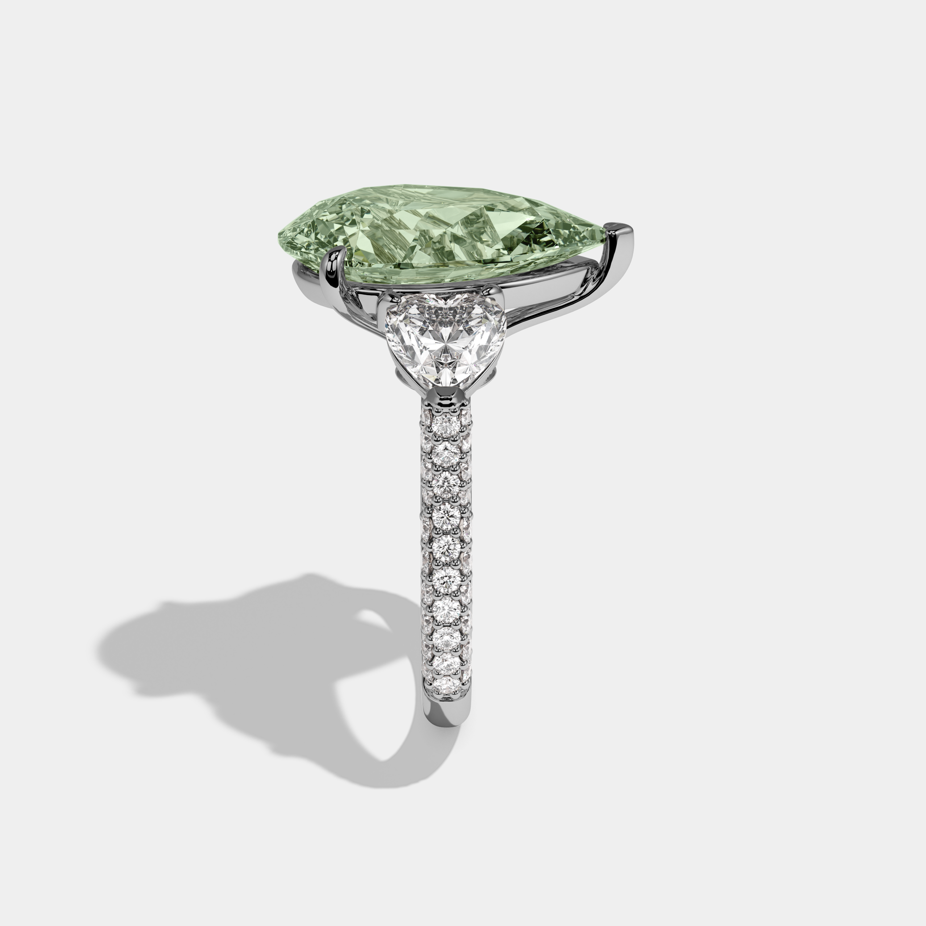 Matilda Fancy Light Green Pear Cut Diamond Band With Heart Cut Sides Engagement Ring 9ct 18K White Gold
