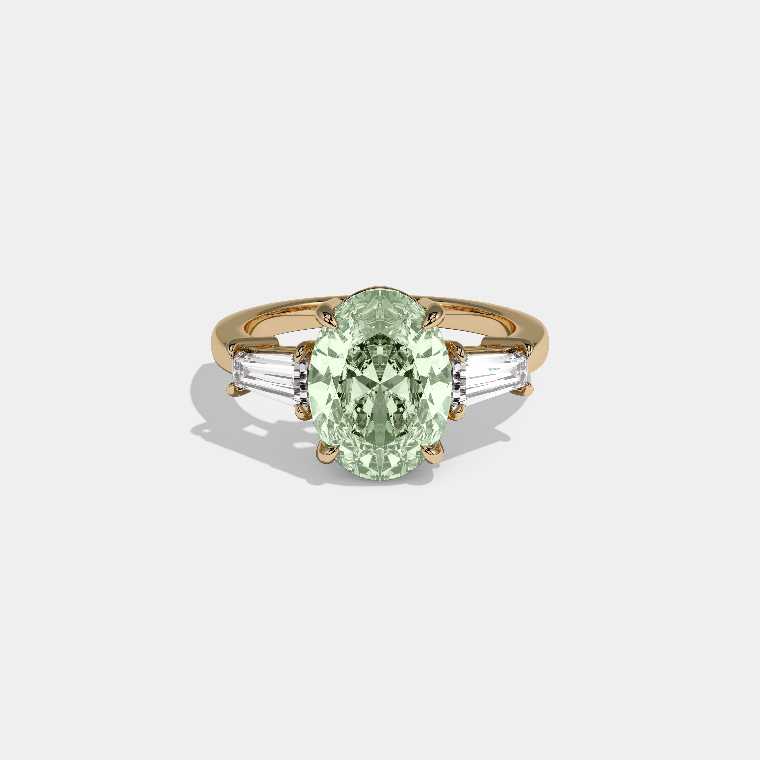 Adelaide Fancy Light Green Oval Cut Diamond Plain Band Engagement Ring With Baguette Cut Sides 6ct 18K Yellow Gold