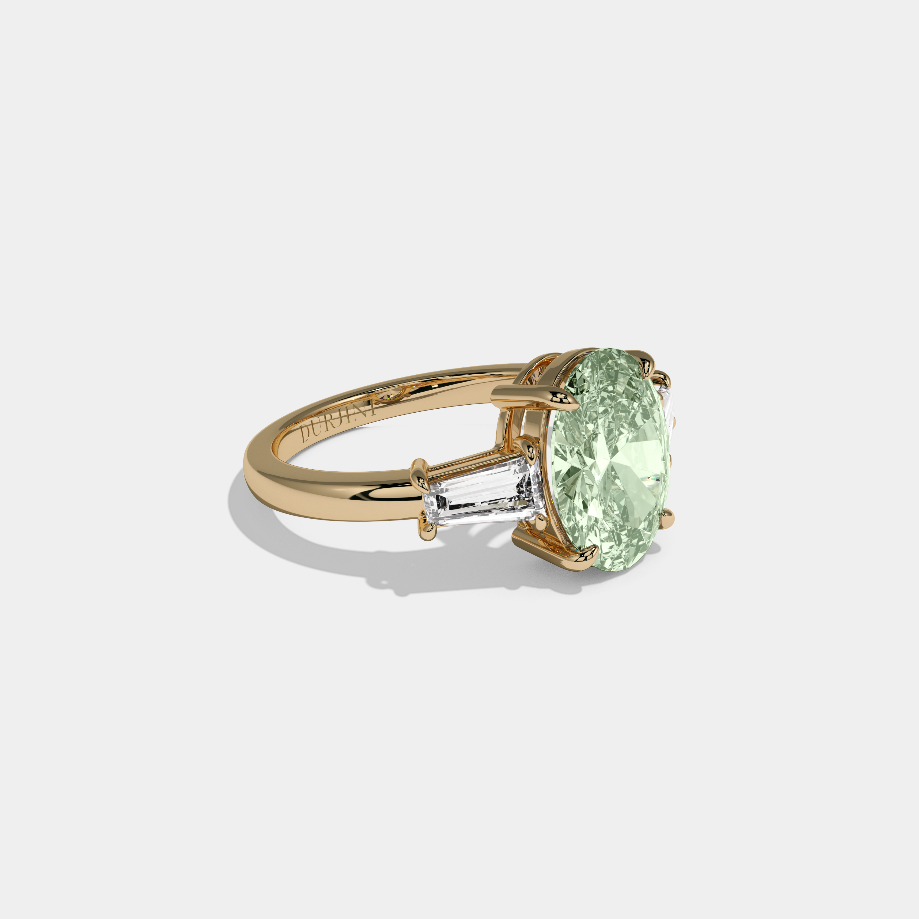 Adelaide Fancy Light Green Oval Cut Diamond Plain Band Engagement Ring With Baguette Cut Sides 6ct 18K Yellow Gold