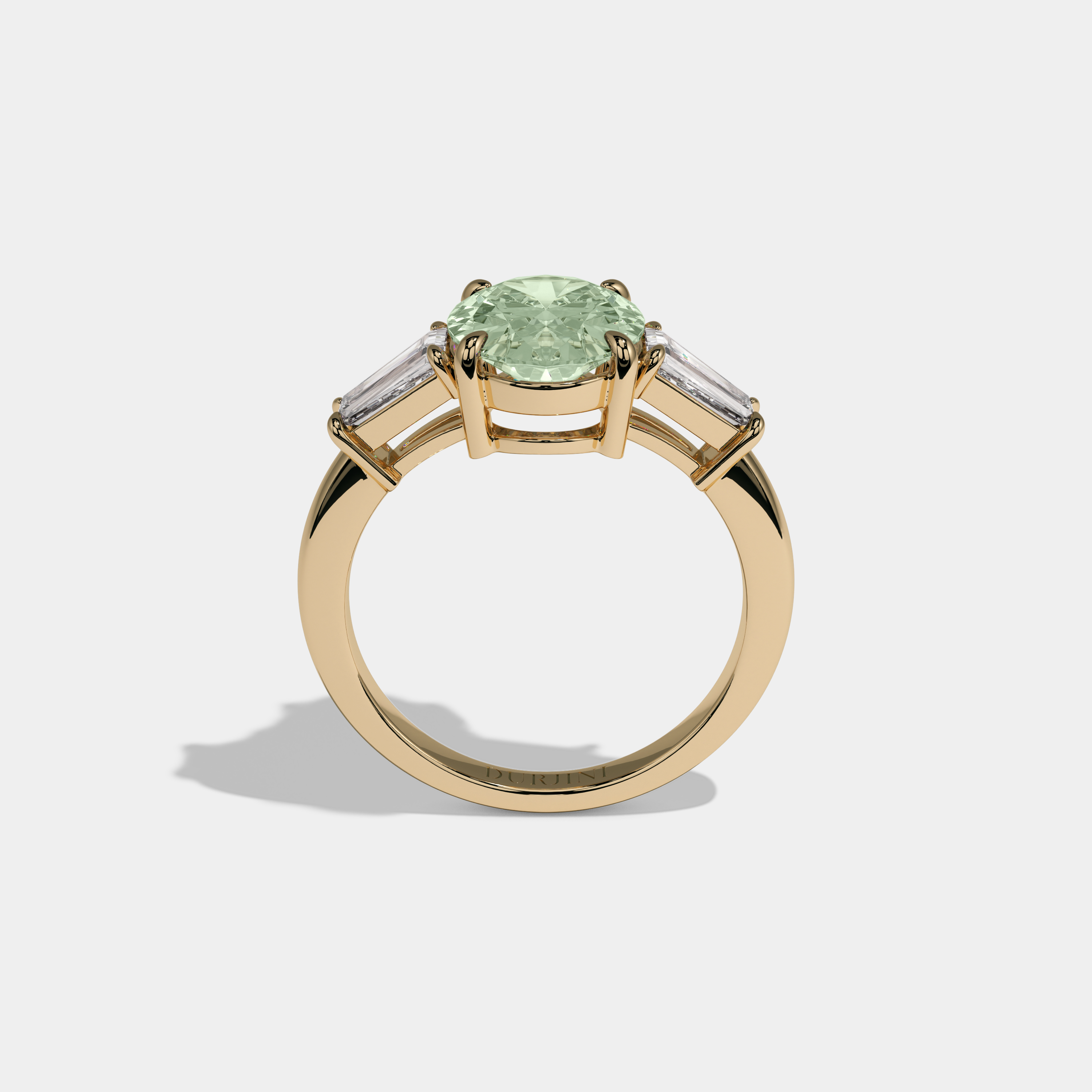 Adelaide Fancy Light Green Oval Cut Diamond Plain Band Engagement Ring With Baguette Cut Sides 6ct 18K Yellow Gold
