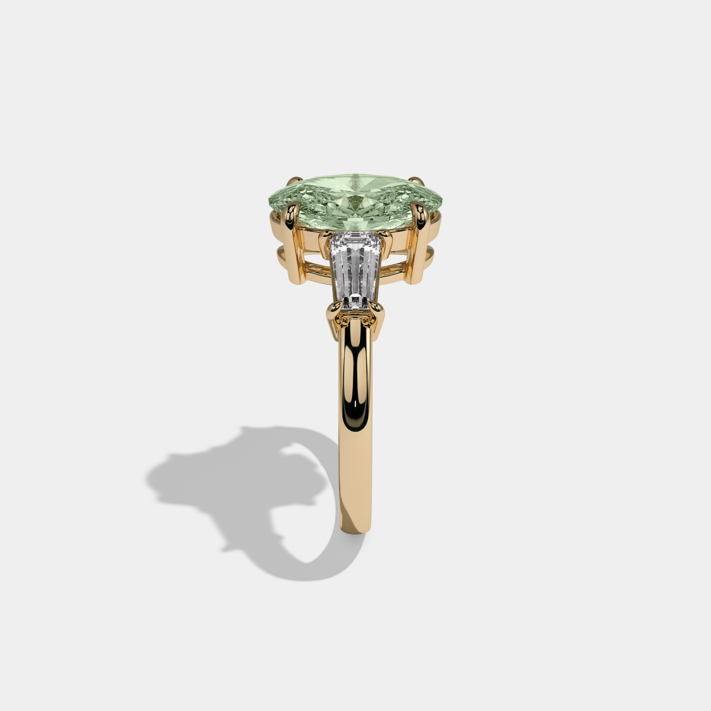 Adelaide Fancy Light Green Oval Cut Diamond Plain Band Engagement Ring With Baguette Cut Sides 6ct 18K Yellow Gold