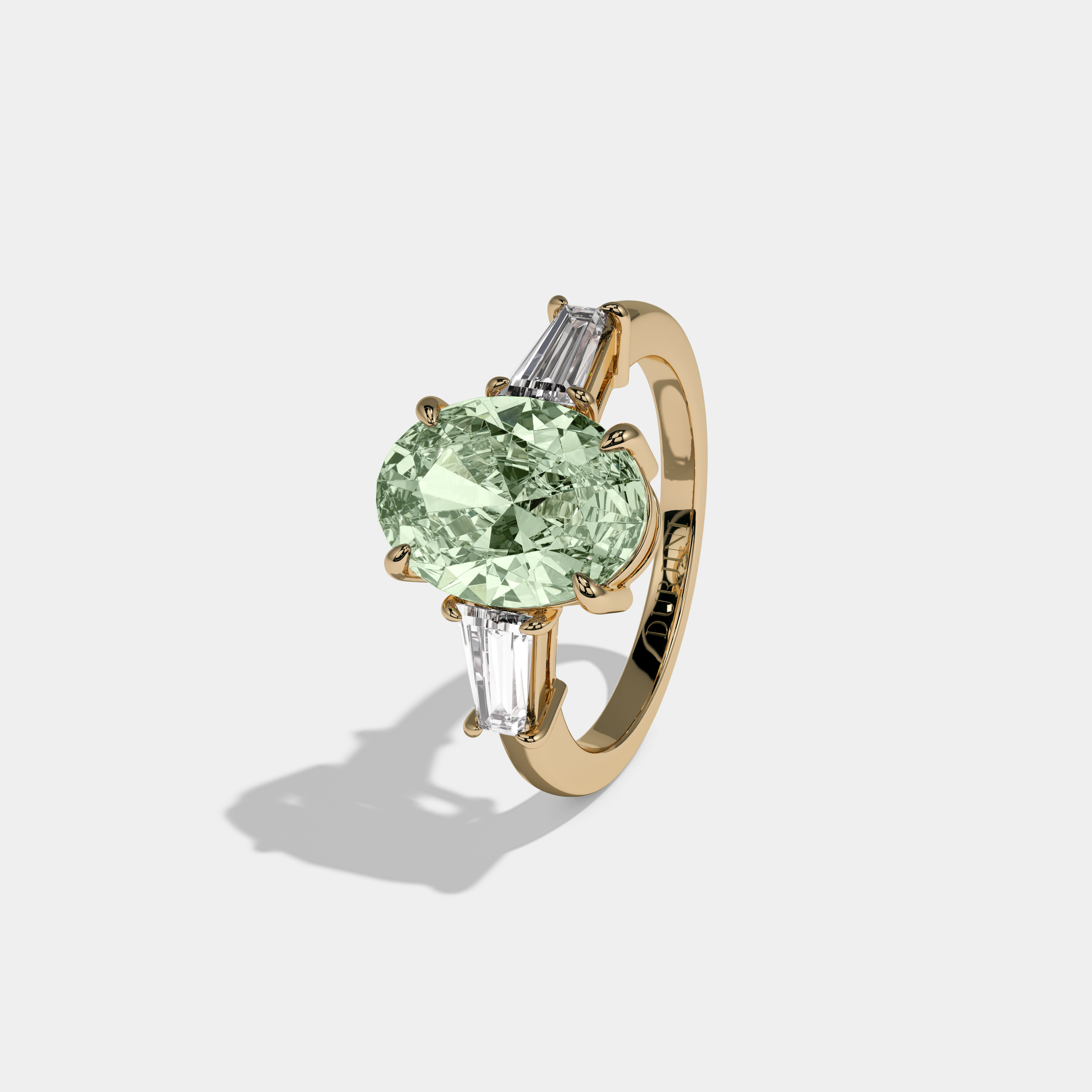 Adelaide Fancy Light Green Oval Cut Diamond Plain Band Engagement Ring With Baguette Cut Sides 6ct 18K Yellow Gold