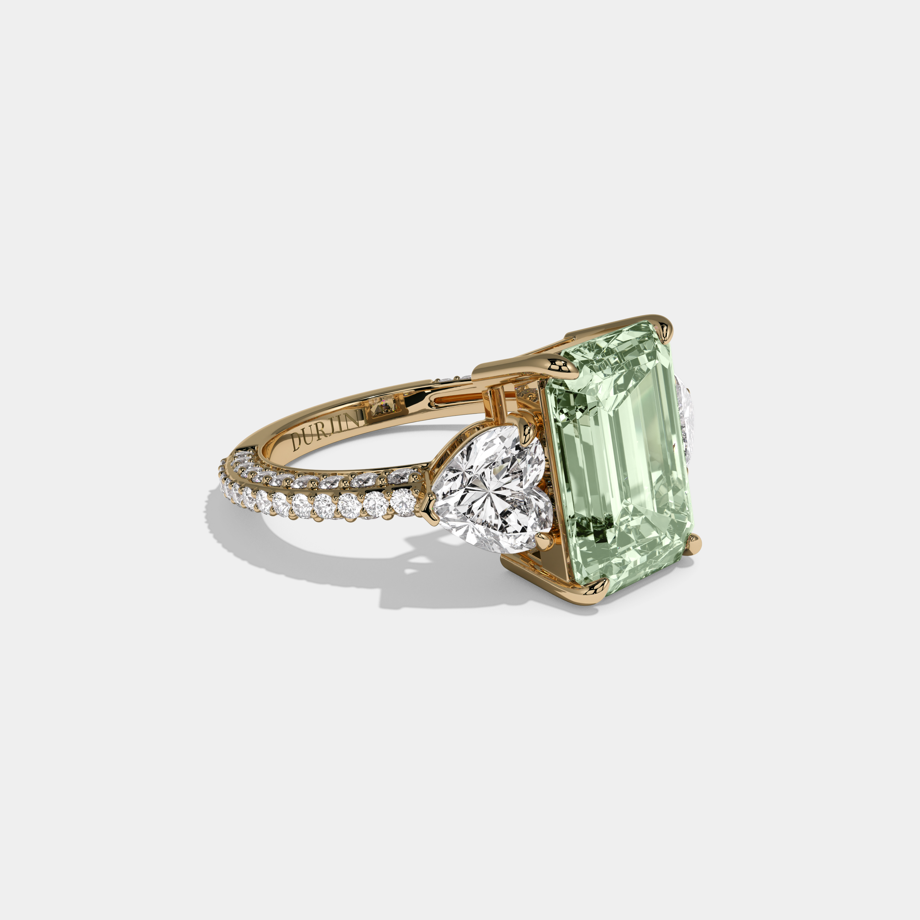 Adelaide Fancy Light Green Emerald Cut Diamond Band With Heart Cut Sides Engagement Ring 8ct 18K Yellow Gold