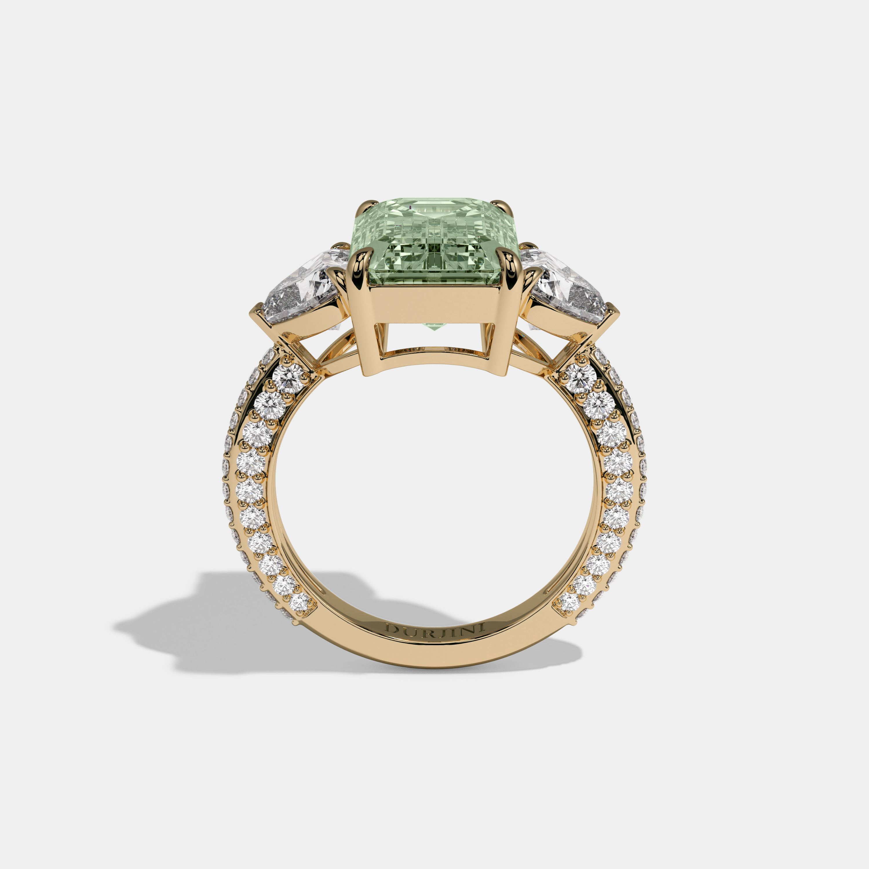Adelaide Fancy Light Green Emerald Cut Diamond Band With Heart Cut Sides Engagement Ring 8ct 18K Yellow Gold