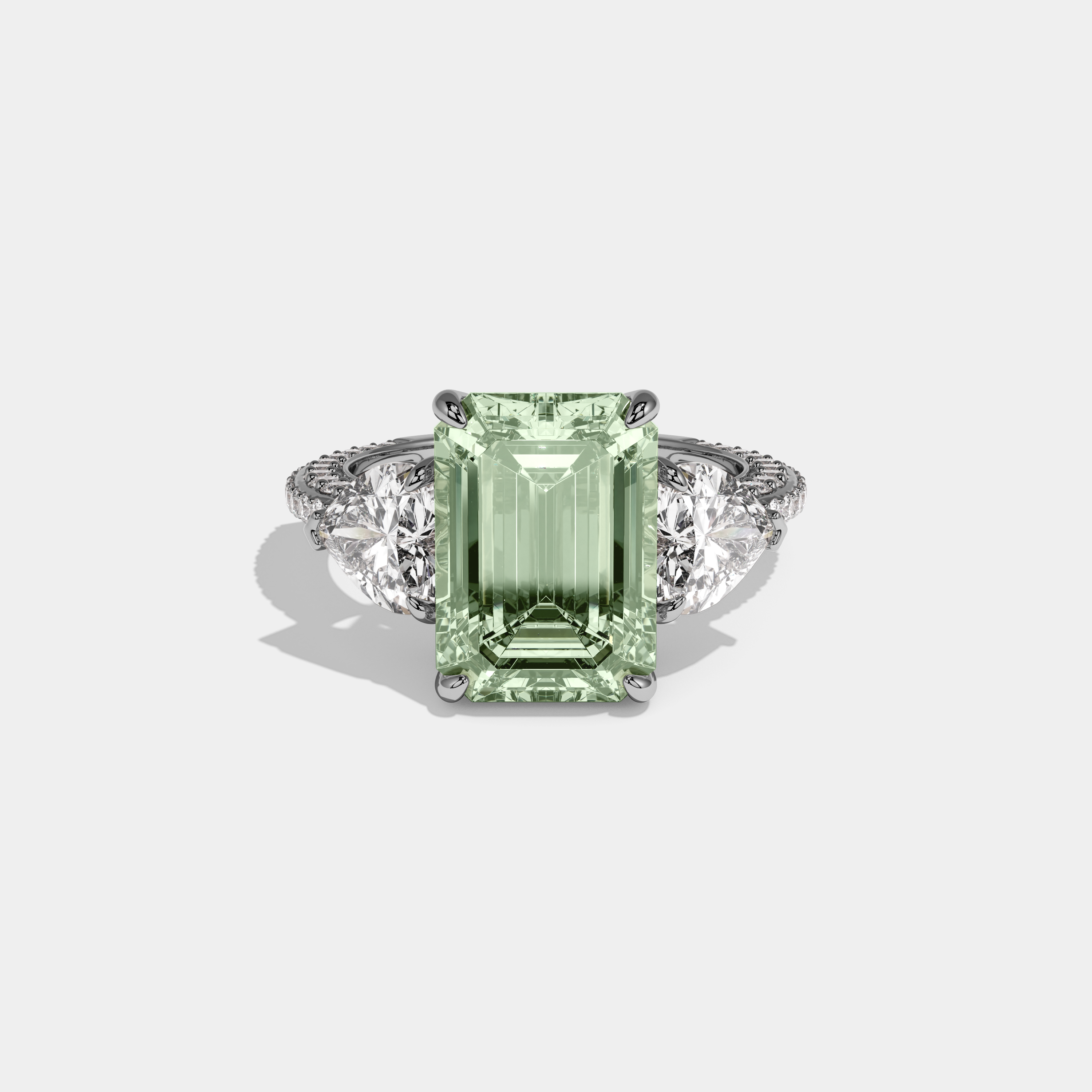 Alice Fancy Light Green Emerald Cut Diamond Band With Heart Cut Sides Engagement Ring 8ct 18K White Gold