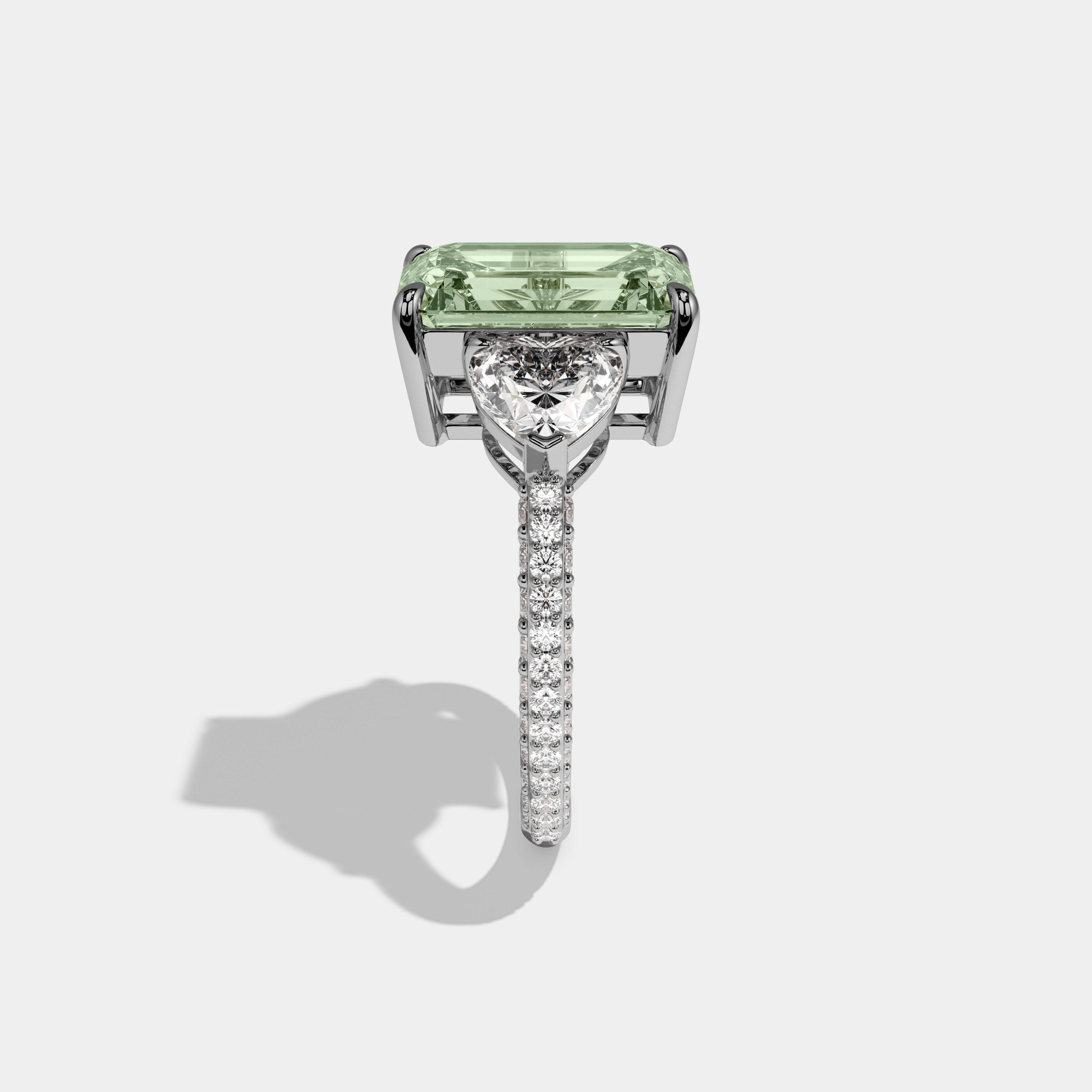 Alice Fancy Light Green Emerald Cut Diamond Band With Heart Cut Sides Engagement Ring 8ct 18K White Gold