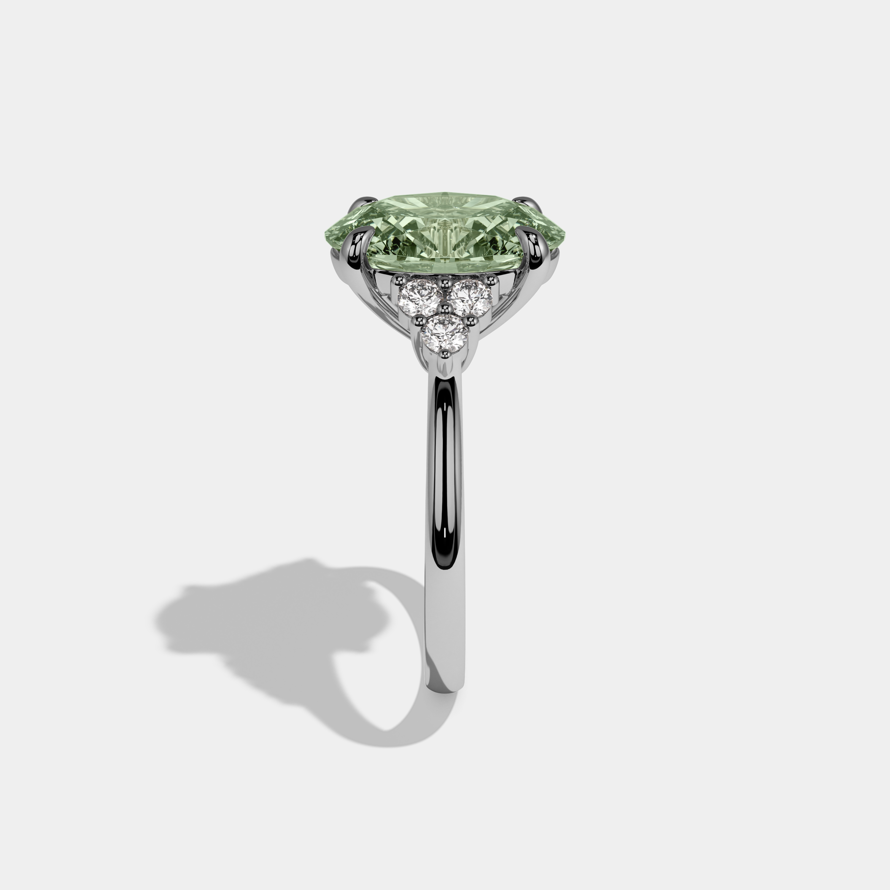 Eleanor Fancy Light Green Oval Cut Diamond Plain Band Engagement Ring With Round Sides 6ct 18K White Gold