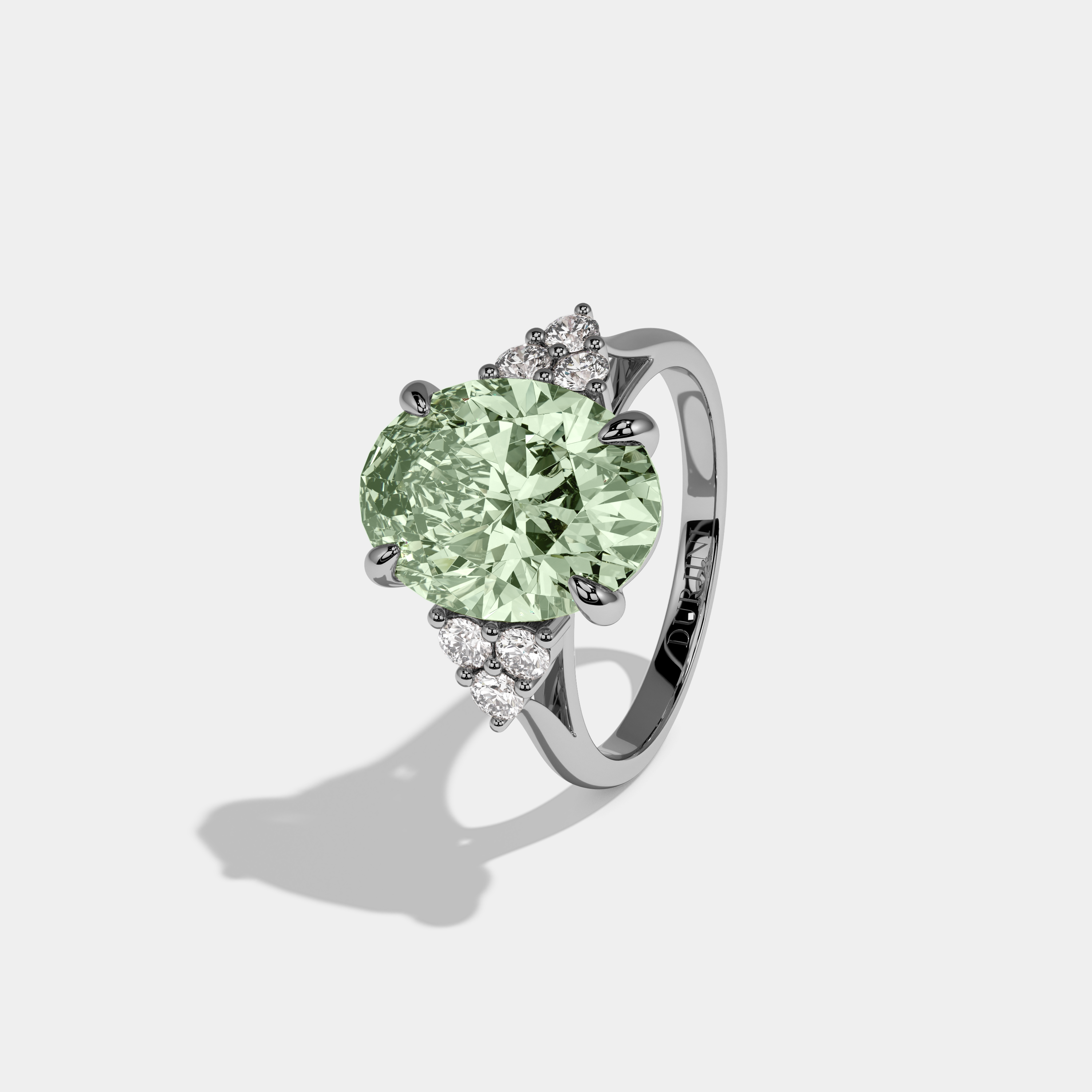 Eleanor Fancy Light Green Oval Cut Diamond Plain Band Engagement Ring With Round Sides 6ct 18K White Gold