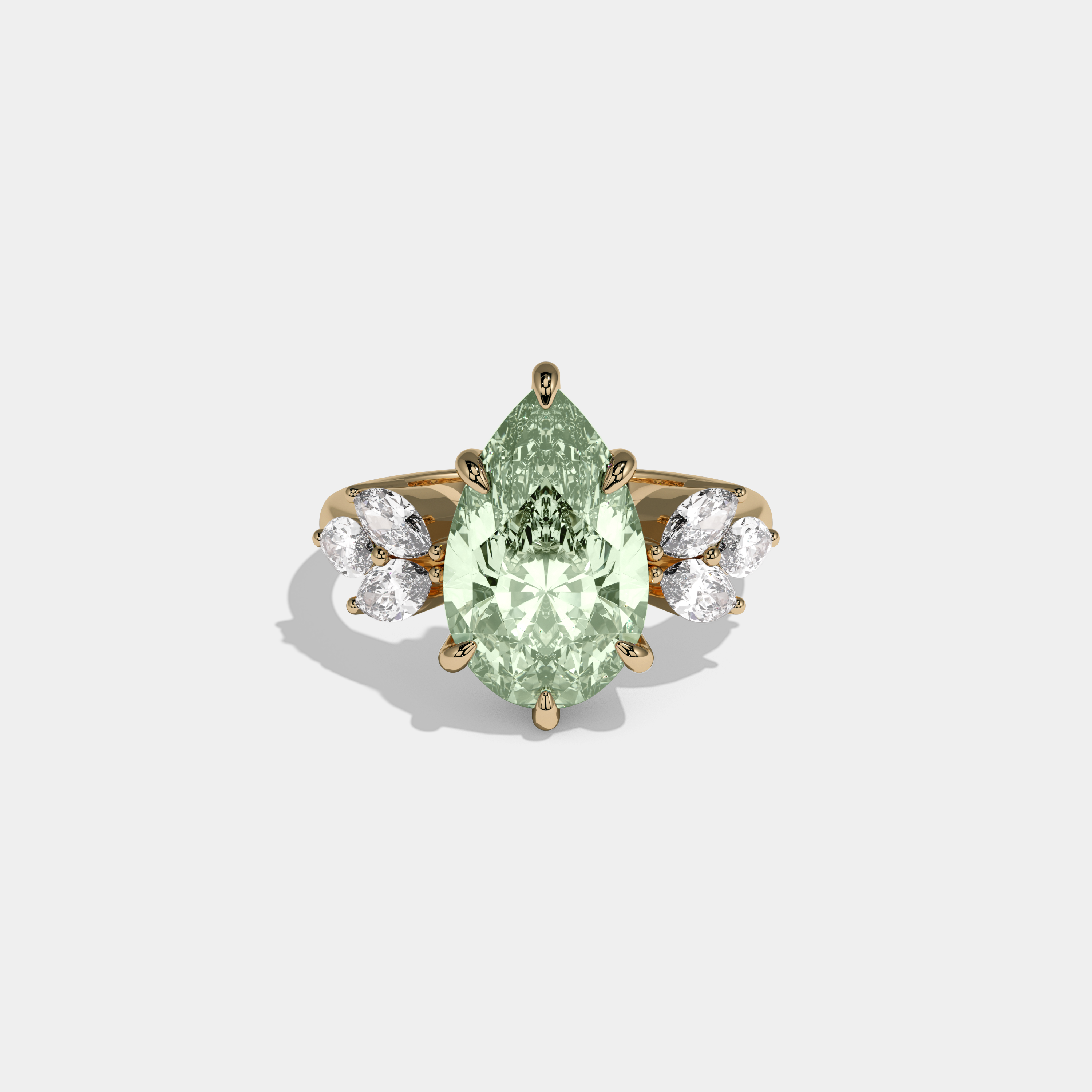 Margaret Fancy Light Green Pear Cut Diamond Plain Band With Marquise Cut Sides Engagement Ring 7ct 18K Yellow Gold