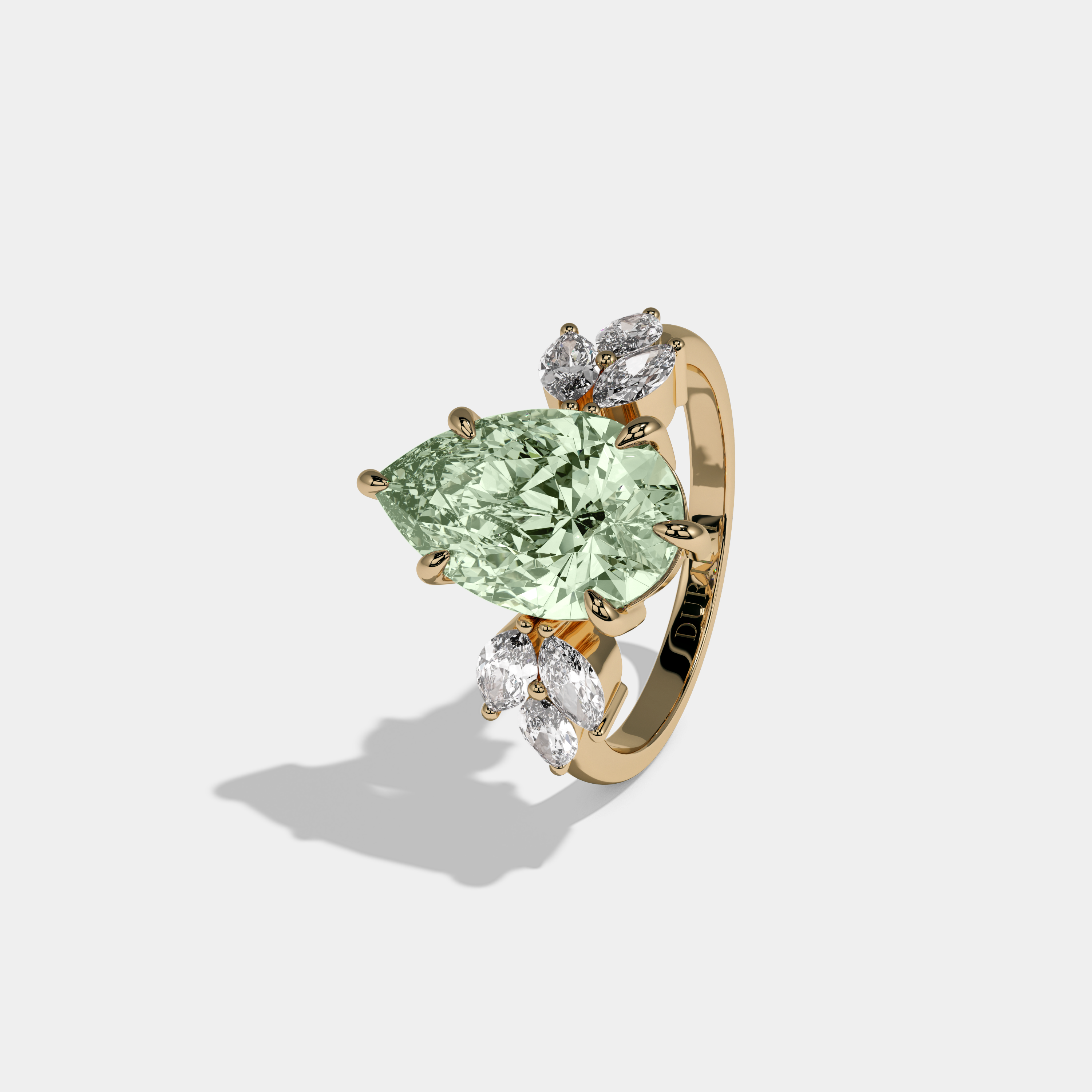 Margaret Fancy Light Green Pear Cut Diamond Plain Band With Marquise Cut Sides Engagement Ring 7ct 18K Yellow Gold