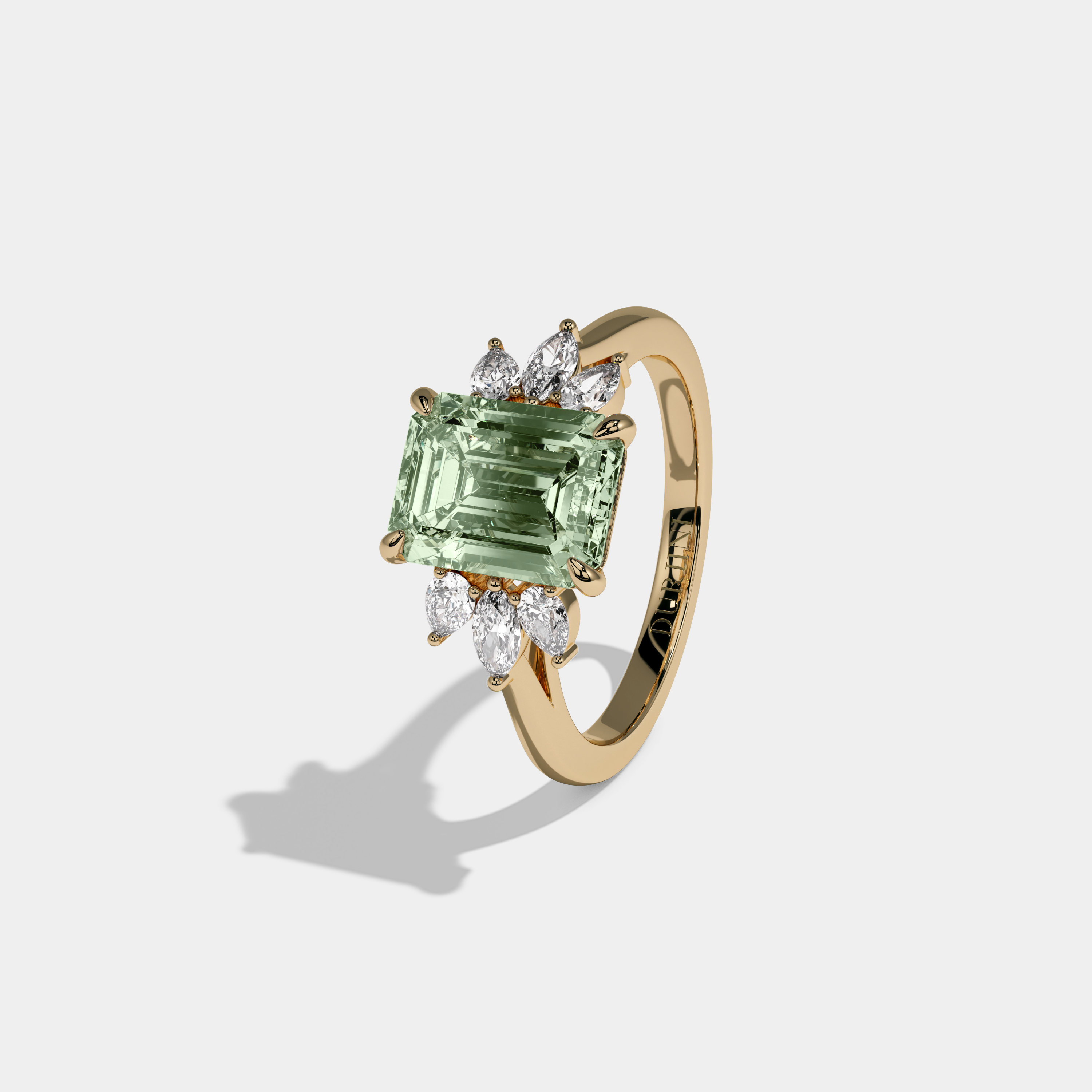 Alice Fancy Light Green Emerald Cut Diamond Plain Band With Marquise Cut Sides Engagement Ring 6ct 18K Yellow Gold