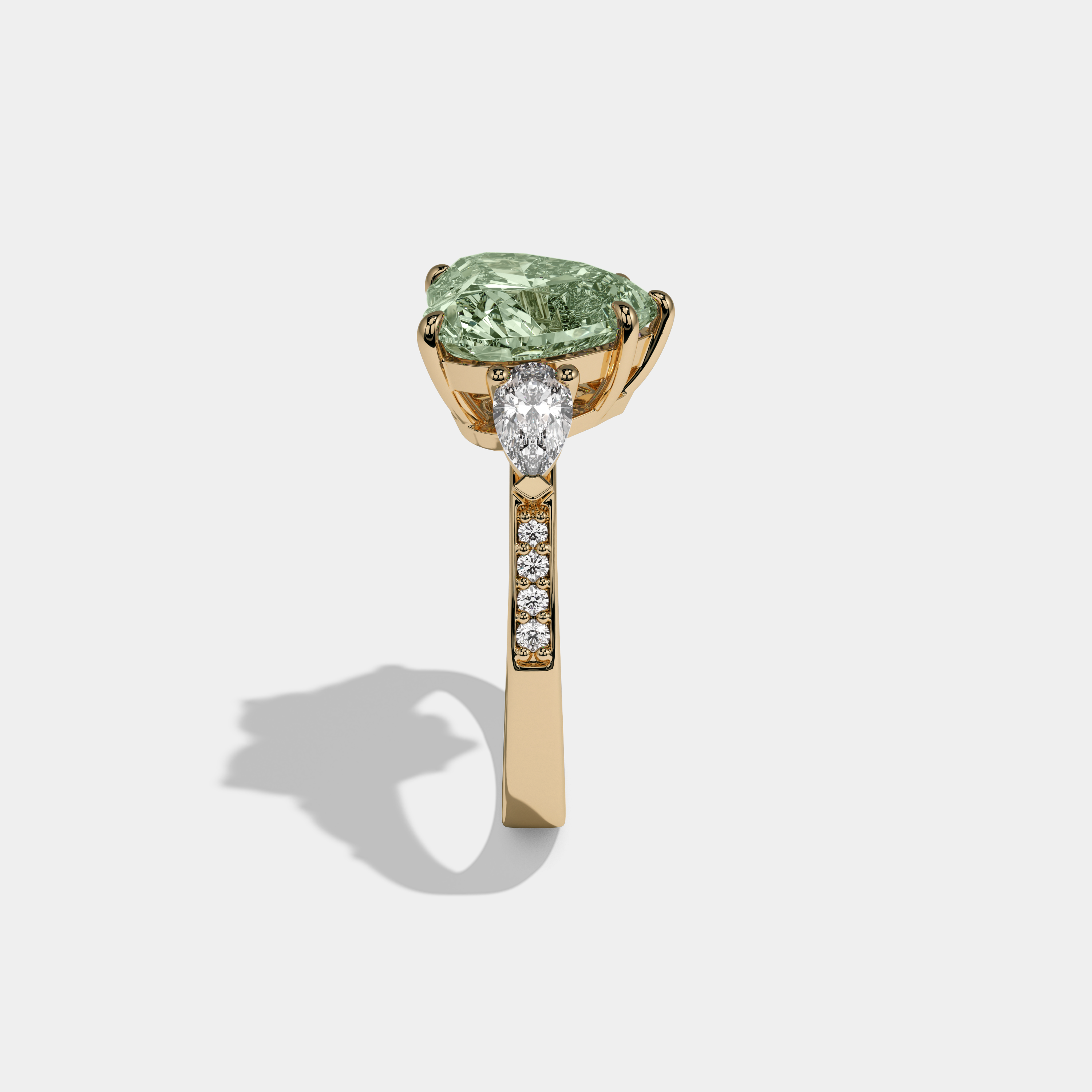 Adelaide Fancy Light Green Heart Brilliant Cut Diamond Band With Pear Sides Engagement Ring 7ct 18K Yellow Gold