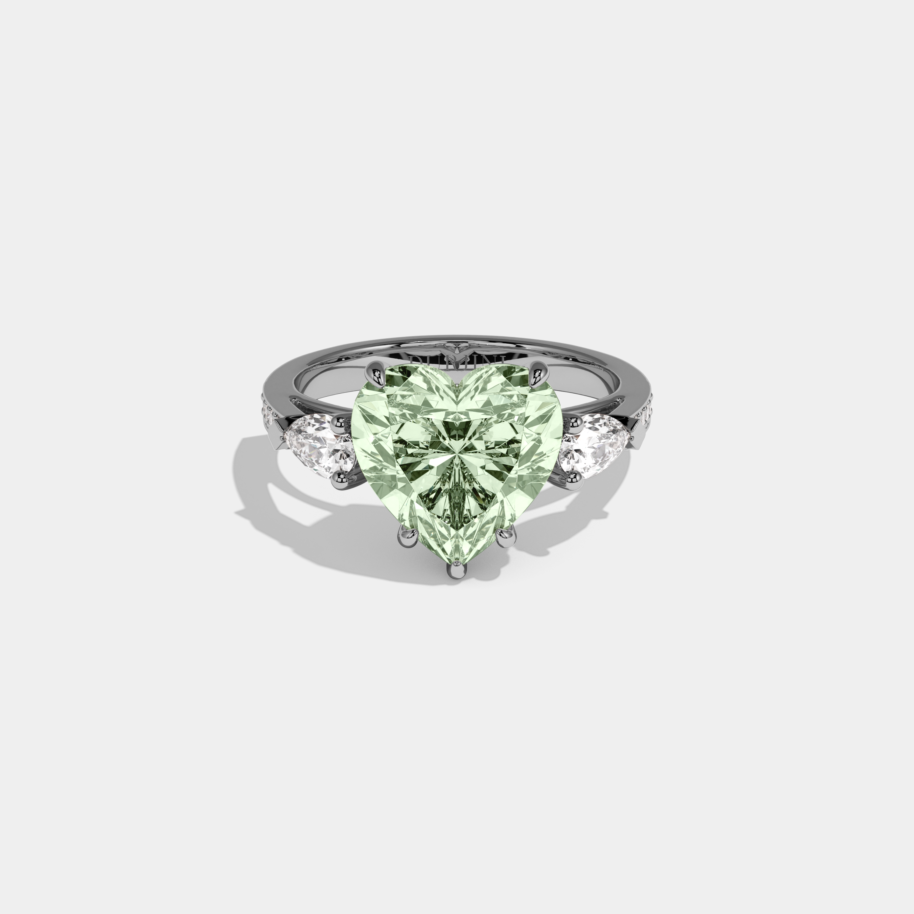 Alice Fancy Light Green Heart Brilliant Cut Diamond Band With Pear Sides Engagement Ring 7ct 18K White Gold