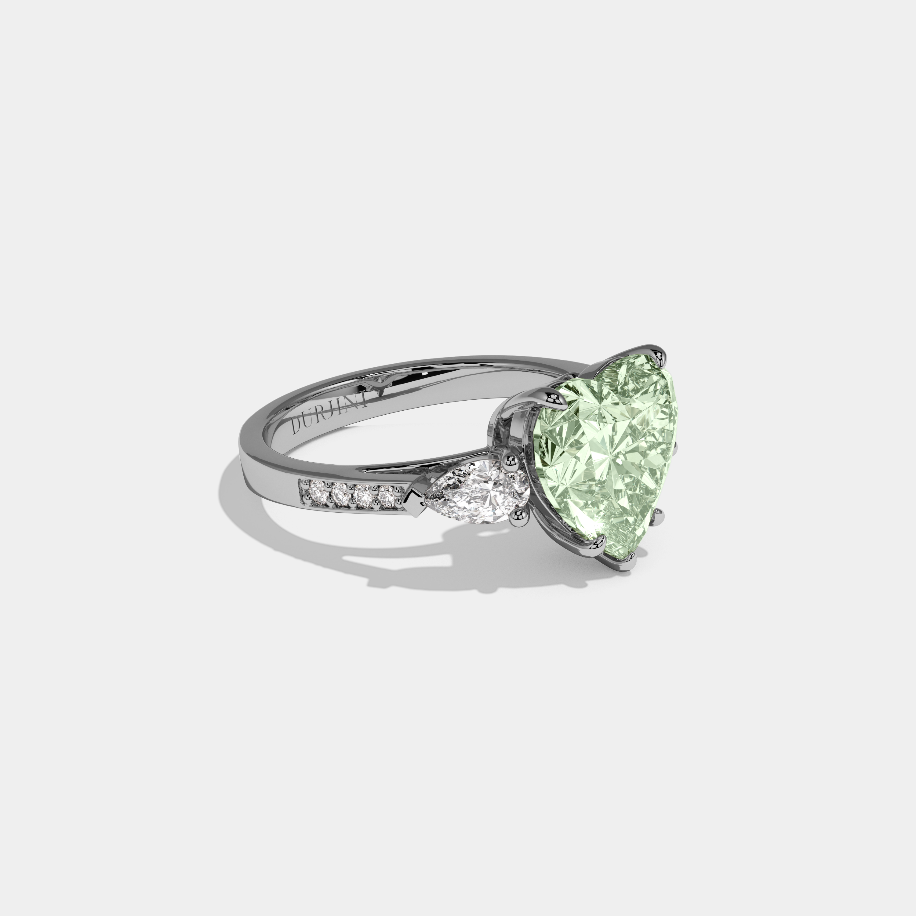 Alice Fancy Light Green Heart Brilliant Cut Diamond Band With Pear Sides Engagement Ring 7ct 18K White Gold