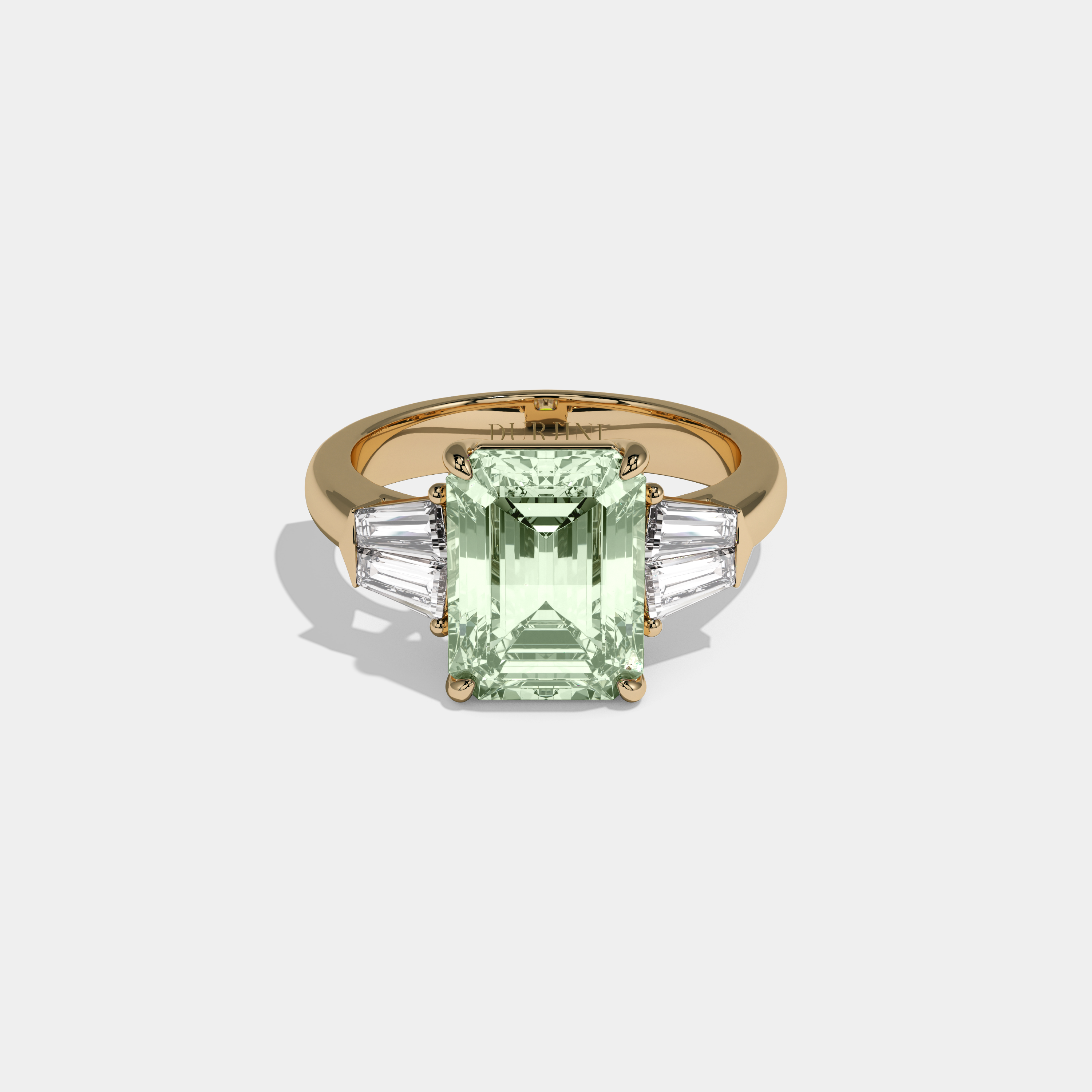 Adelaide Fancy Light Green Emerald Cut Diamond Plain Band With Baguette Sides Engagement Ring 6ct 18K Yellow Gold