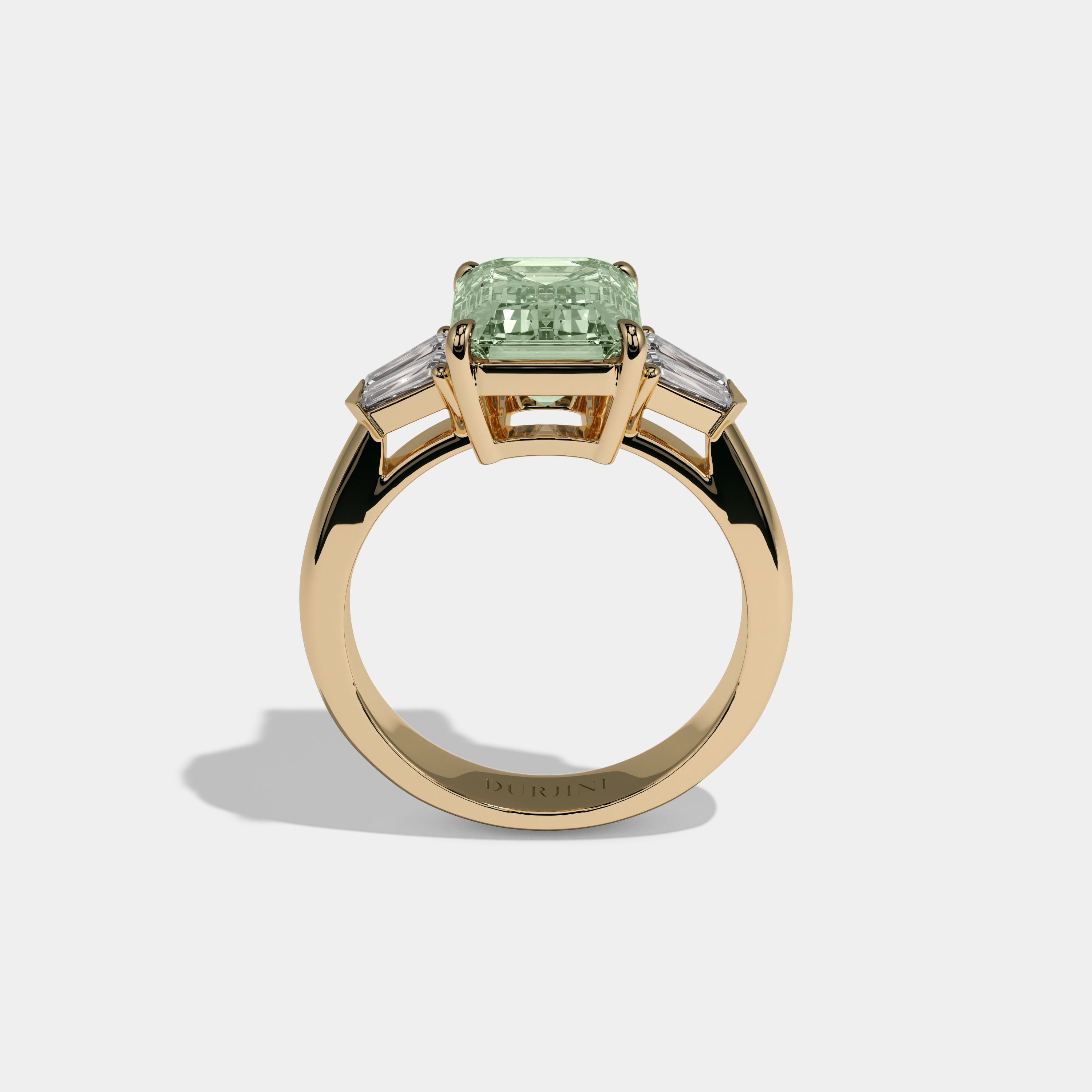 Adelaide Fancy Light Green Emerald Cut Diamond Plain Band With Baguette Sides Engagement Ring 6ct 18K Yellow Gold