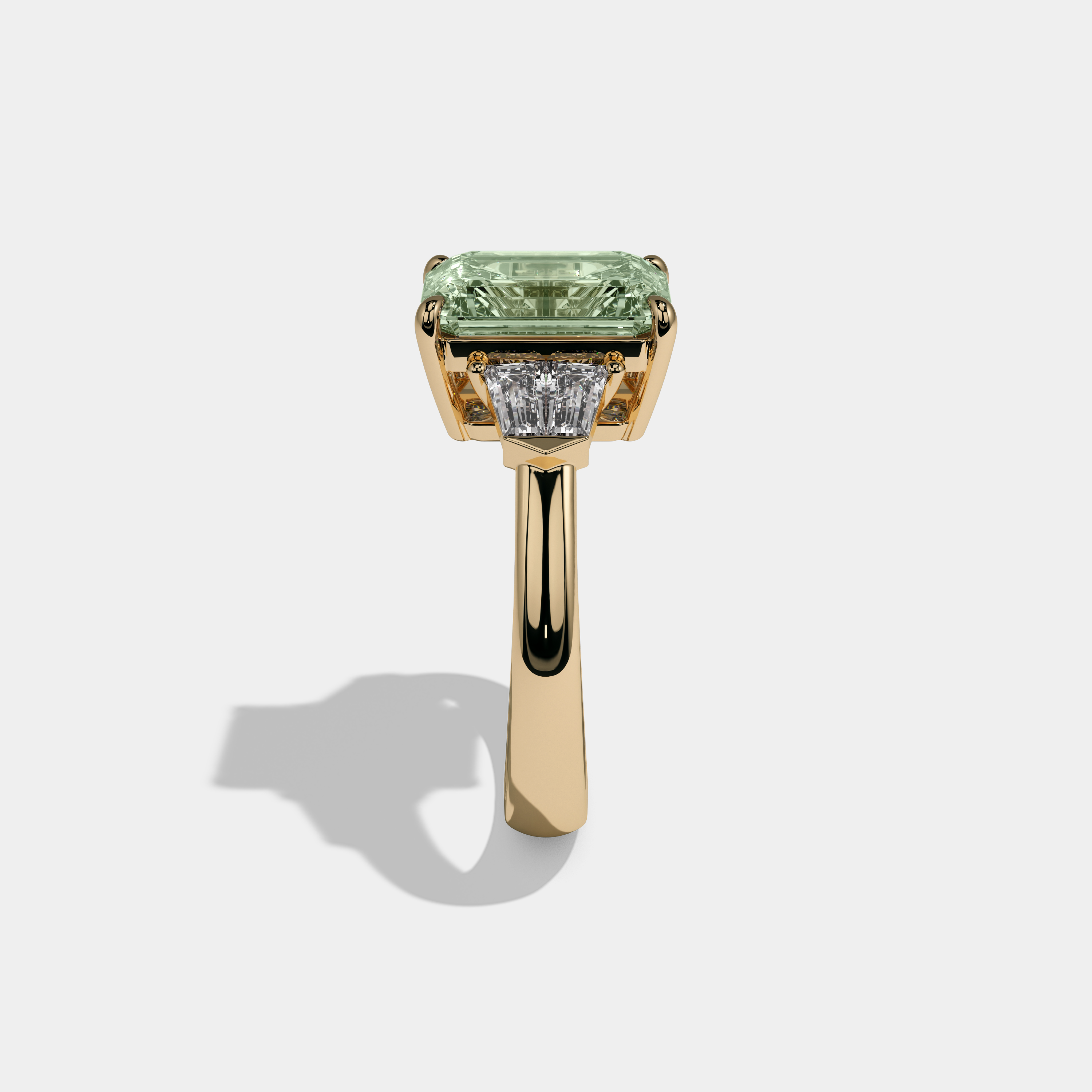 Adelaide Fancy Light Green Emerald Cut Diamond Plain Band With Baguette Sides Engagement Ring 6ct 18K Yellow Gold