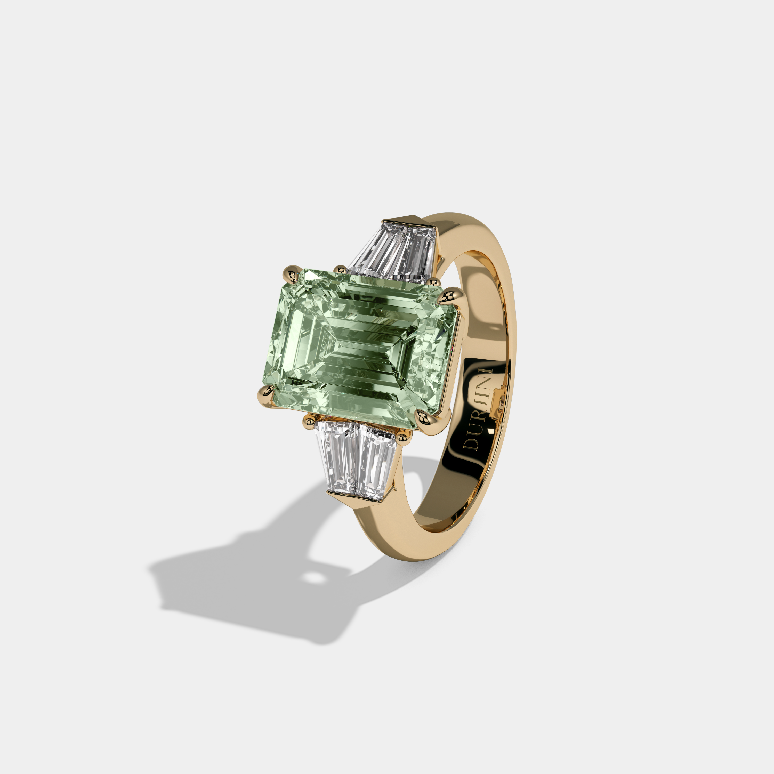 Adelaide Fancy Light Green Emerald Cut Diamond Plain Band With Baguette Sides Engagement Ring 6ct 18K Yellow Gold