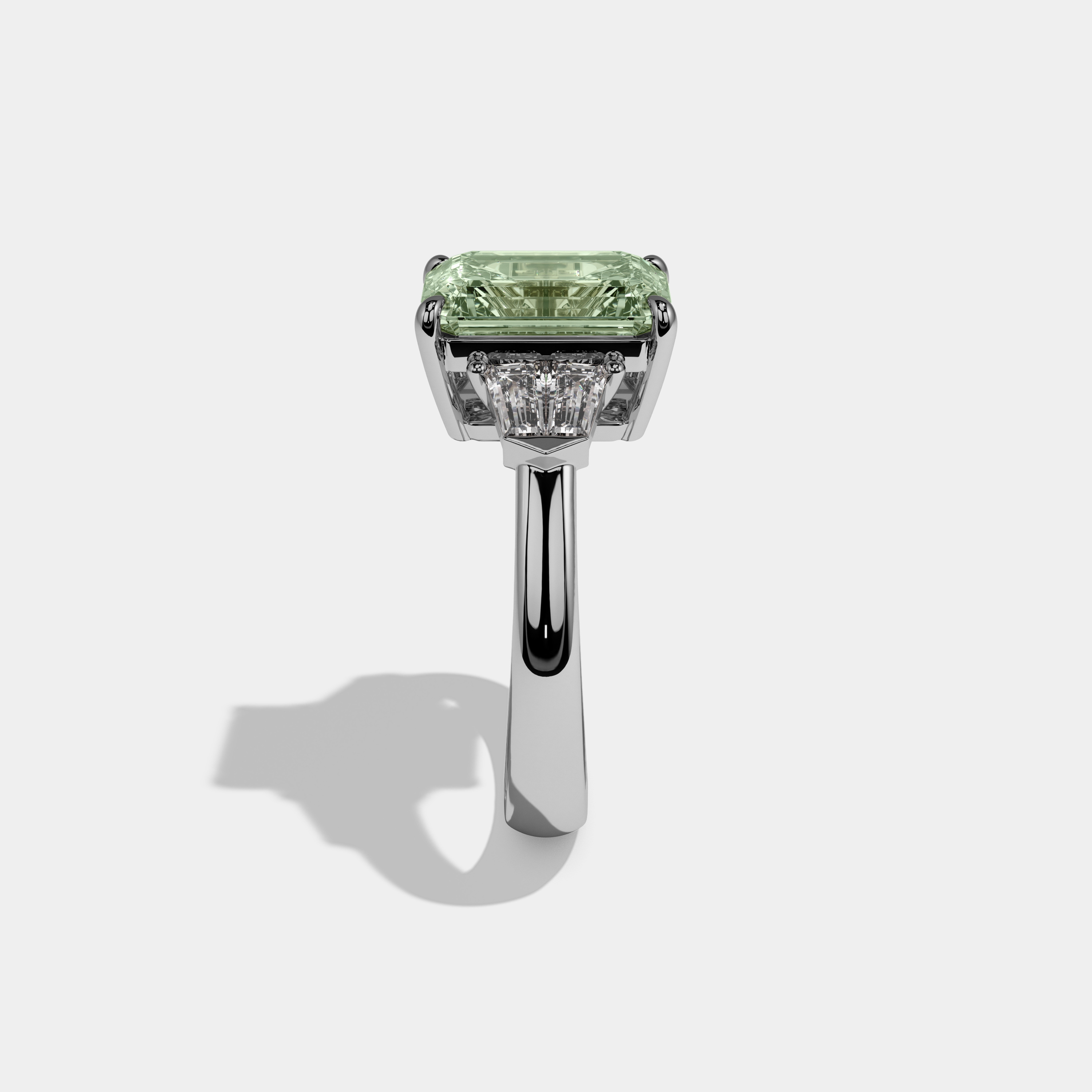 Alice Fancy Light Green Emerald Cut Diamond Plain Band With Baguette Sides Engagement Ring 6ct 18K White Gold