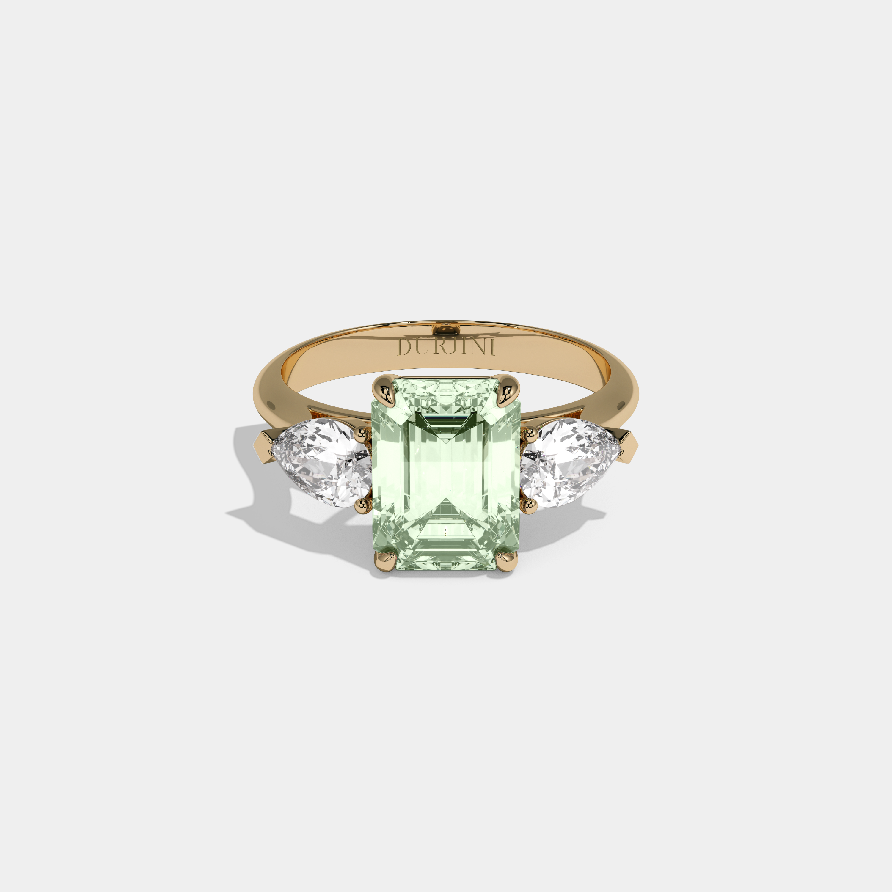 Leonora Fancy Light Green Emerald Cut Diamond Plain Band With Pear Cut Sides Engagement Ring 6ct 18K Yellow Gold