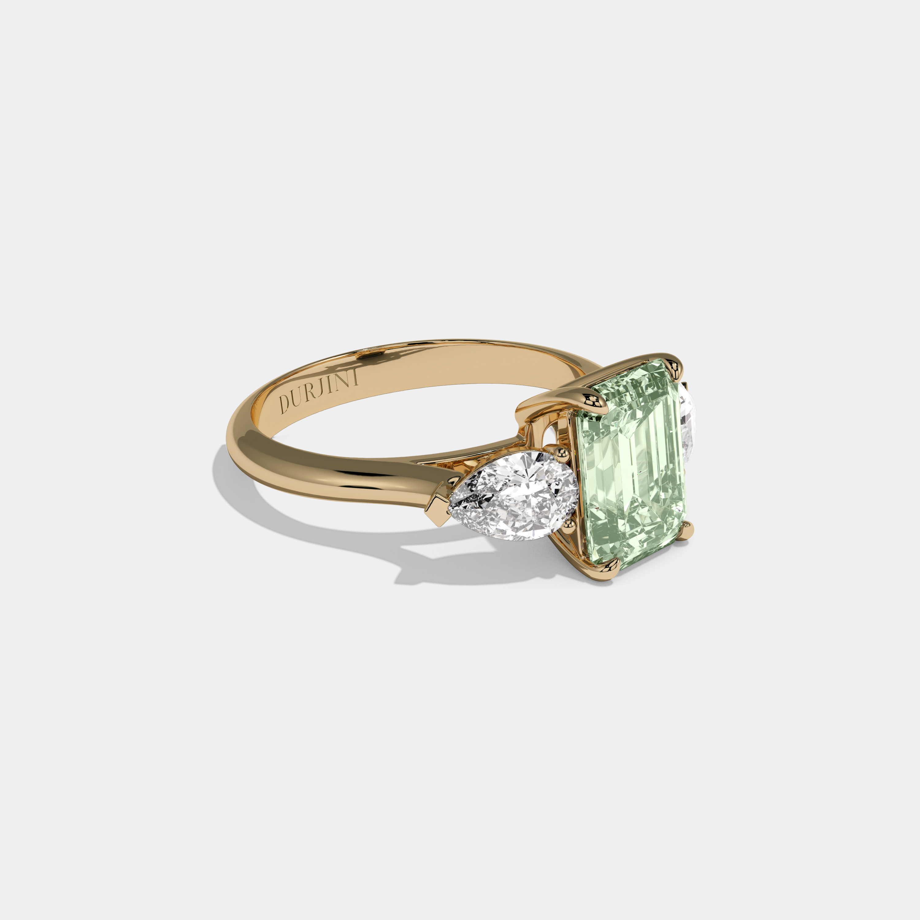 Leonora Fancy Light Green Emerald Cut Diamond Plain Band With Pear Cut Sides Engagement Ring 6ct 18K Yellow Gold